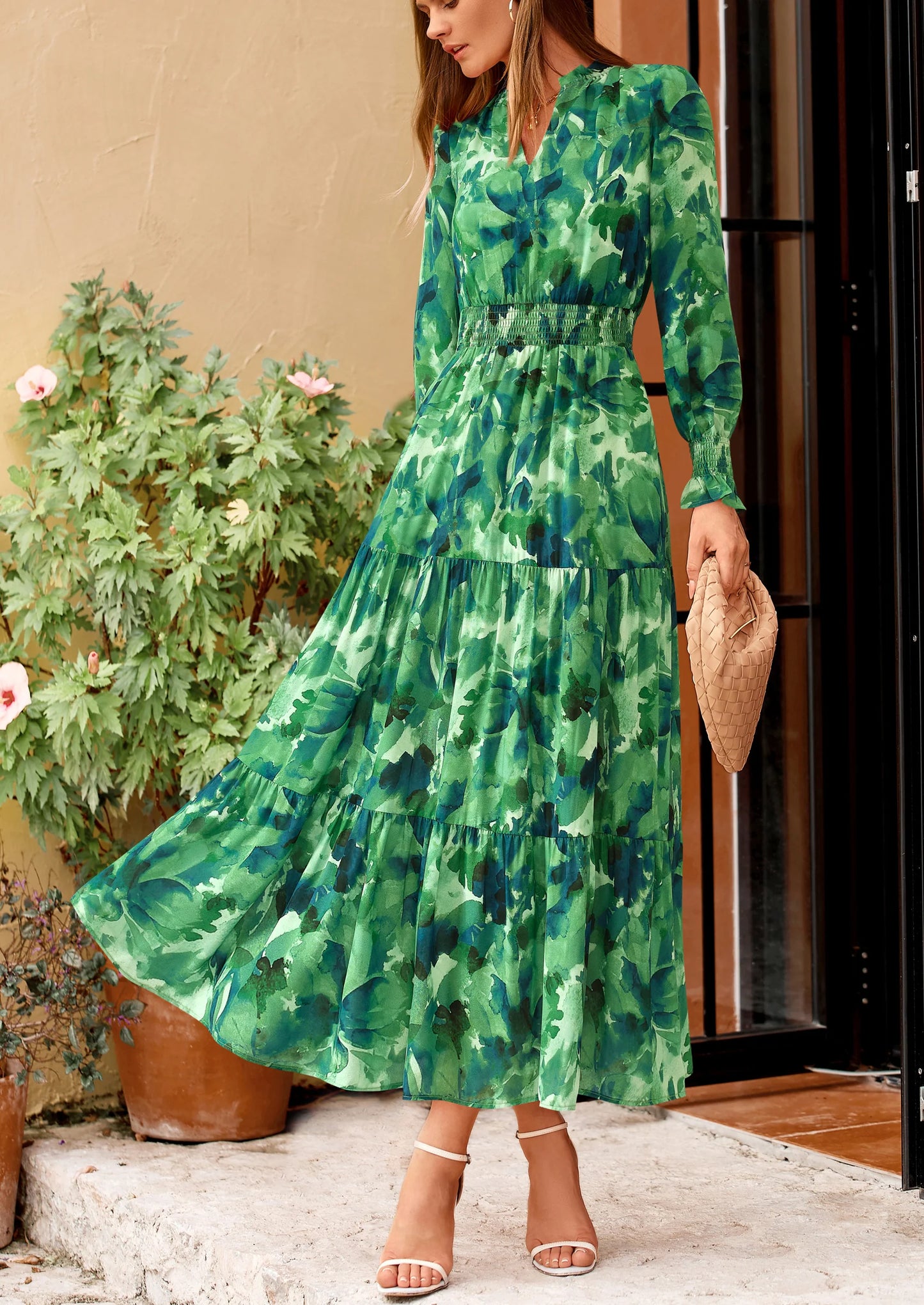 Women's Floral Maxi Dress Spring Long Sleeve V Neck Casual A Line Long Flowy Boho Party Dresses