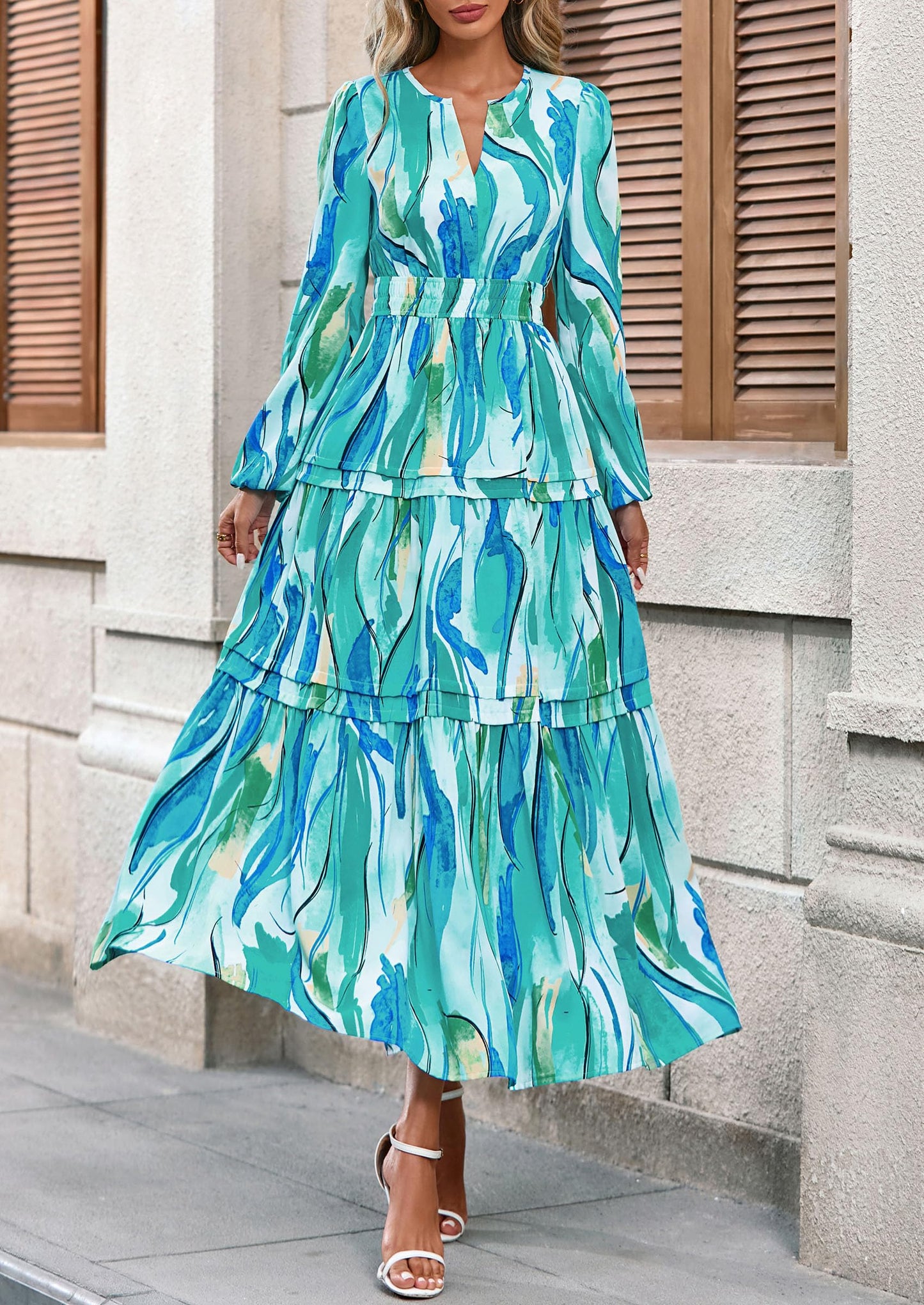 Women's Fall Boho Maxi Dresses Floral Long Sleeve V Neck Flowy Elegant Wedding Guest Dress Vacation Outfits