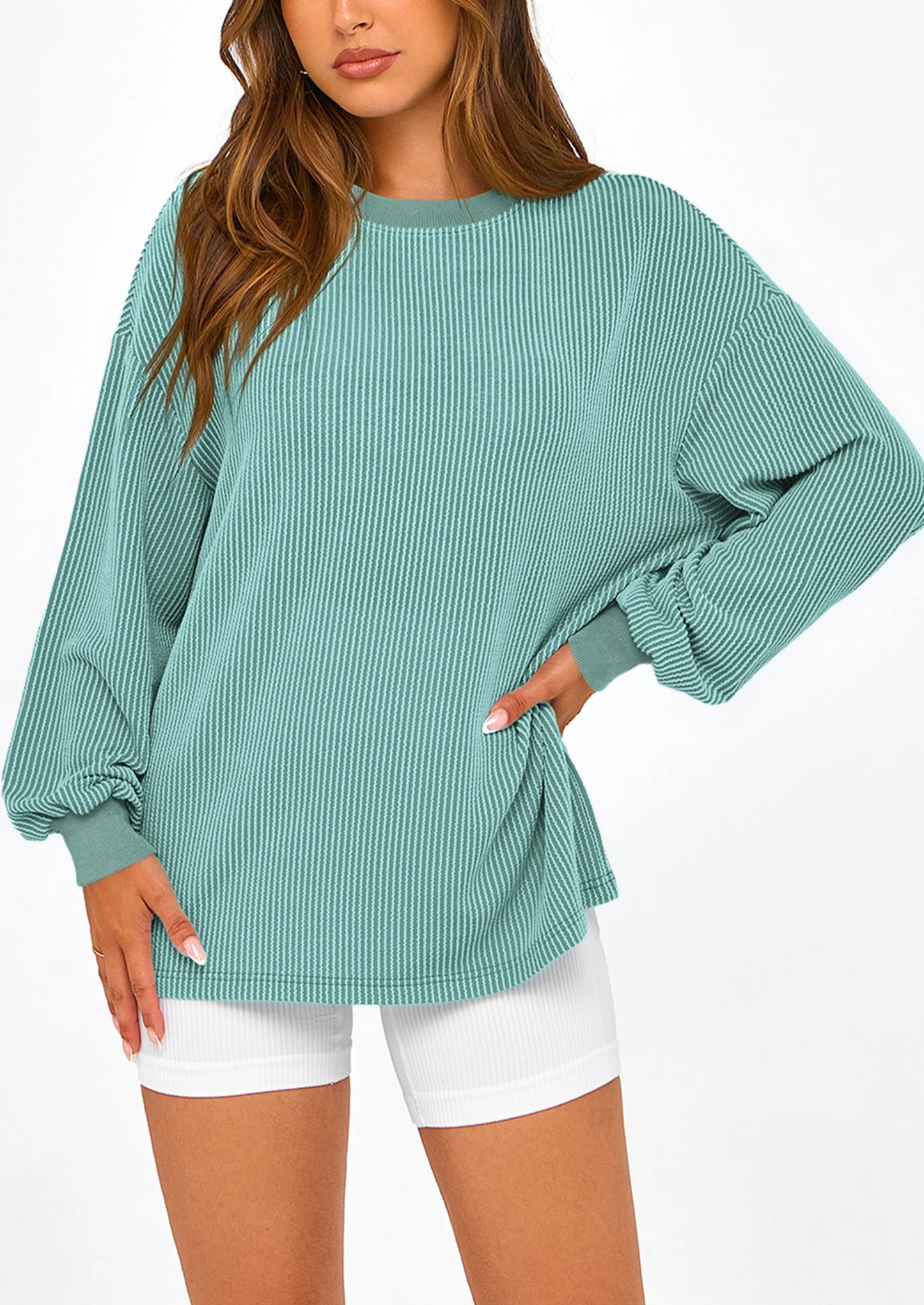 Women's Long Sleeve Tee Shirts Spring Fall Trendy Clothes Casual Loose Crewneck Ribbed Blouse Tunic Tops