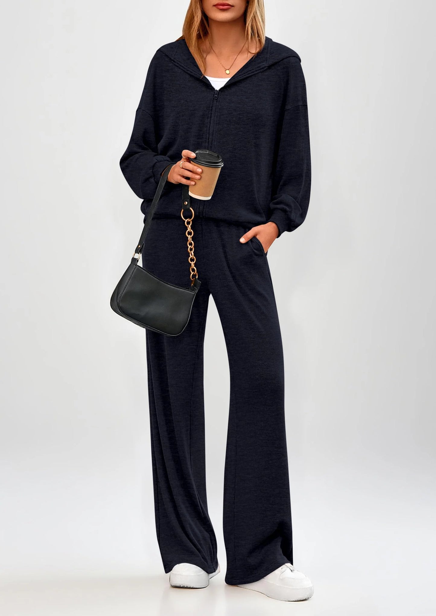 Women's 2 Piece Fall Lounge Sets Zip Up Hoodie Wide Leg Pants Tracksuit Matching Travel Outfits Clothes