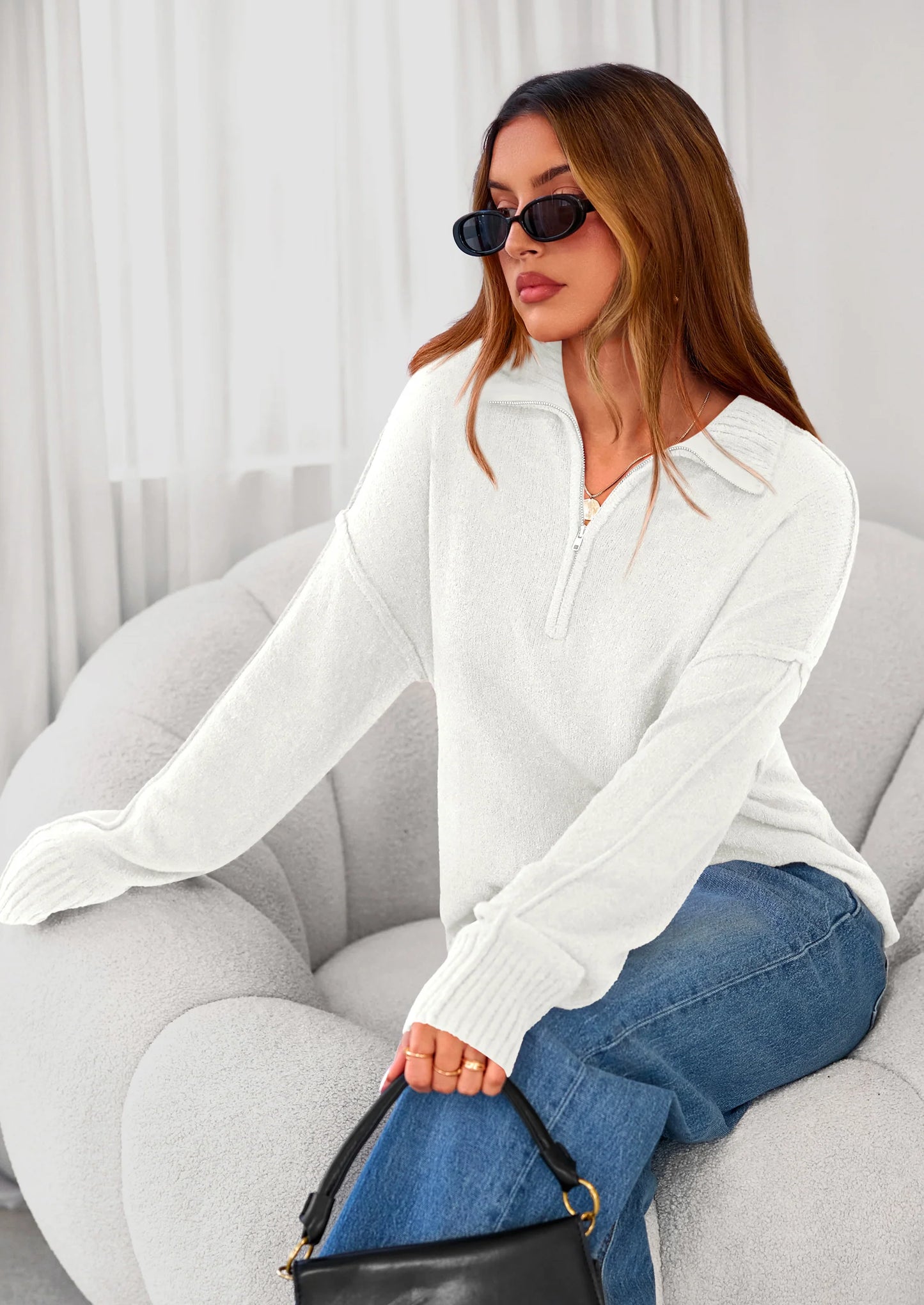 Womens Sweaters Quarter Zip Pullover Early Fall Fashion Long Sleeve V Neck Collared Knit Winter Jumper Tops