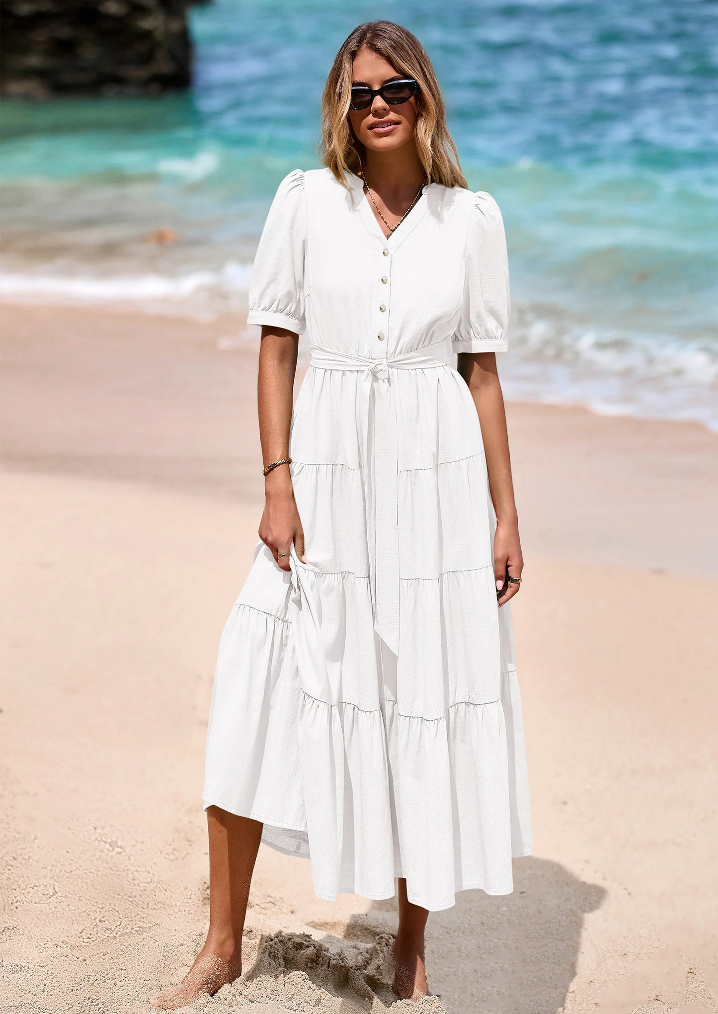 Women's Midi Dress Casual Short Sleeve V Neck Buttons Belted Ruffle A Line Flowy Dress with Pockets