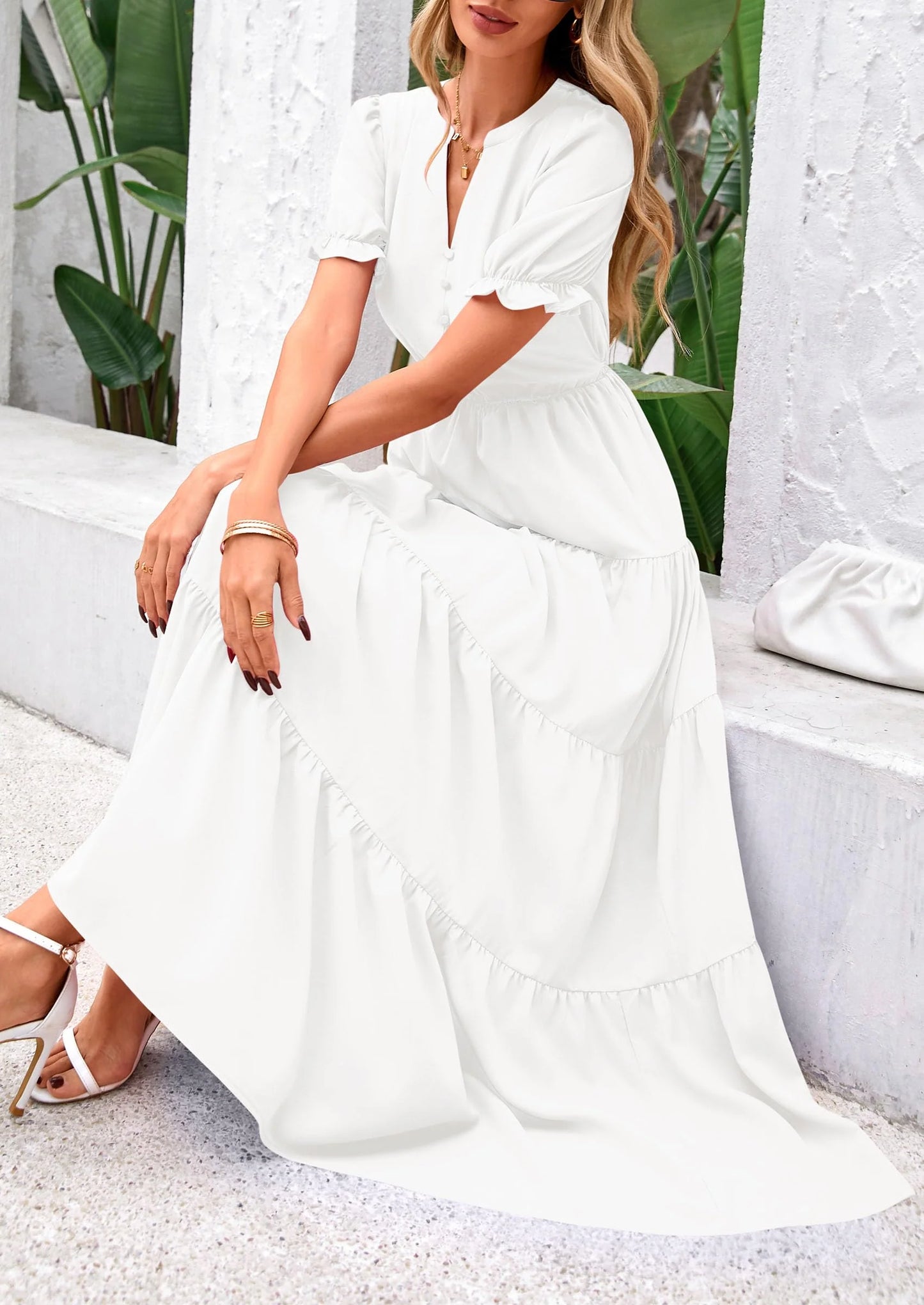 Women's Casual Short Sleeve V Neck Midi Dresses Spring A-line Tiered Wedding Guest Dress