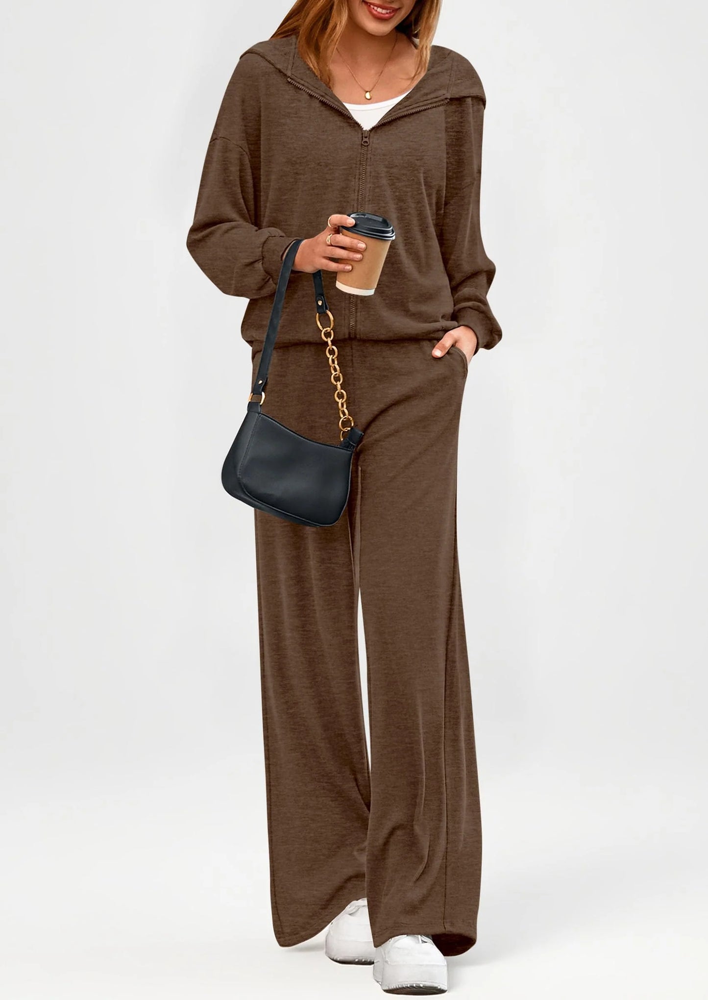 Women's 2 Piece Fall Lounge Sets Zip Up Hoodie Wide Leg Pants Tracksuit Matching Travel Outfits Clothes