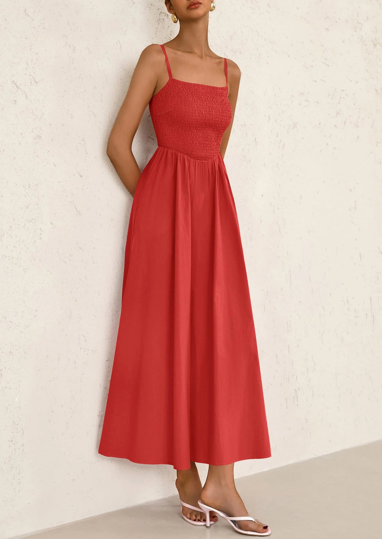 Women's Smocked Maxi Dresses Beach Sundress Casual Spaghetti Strap Swing A Line Long Flowy Dress