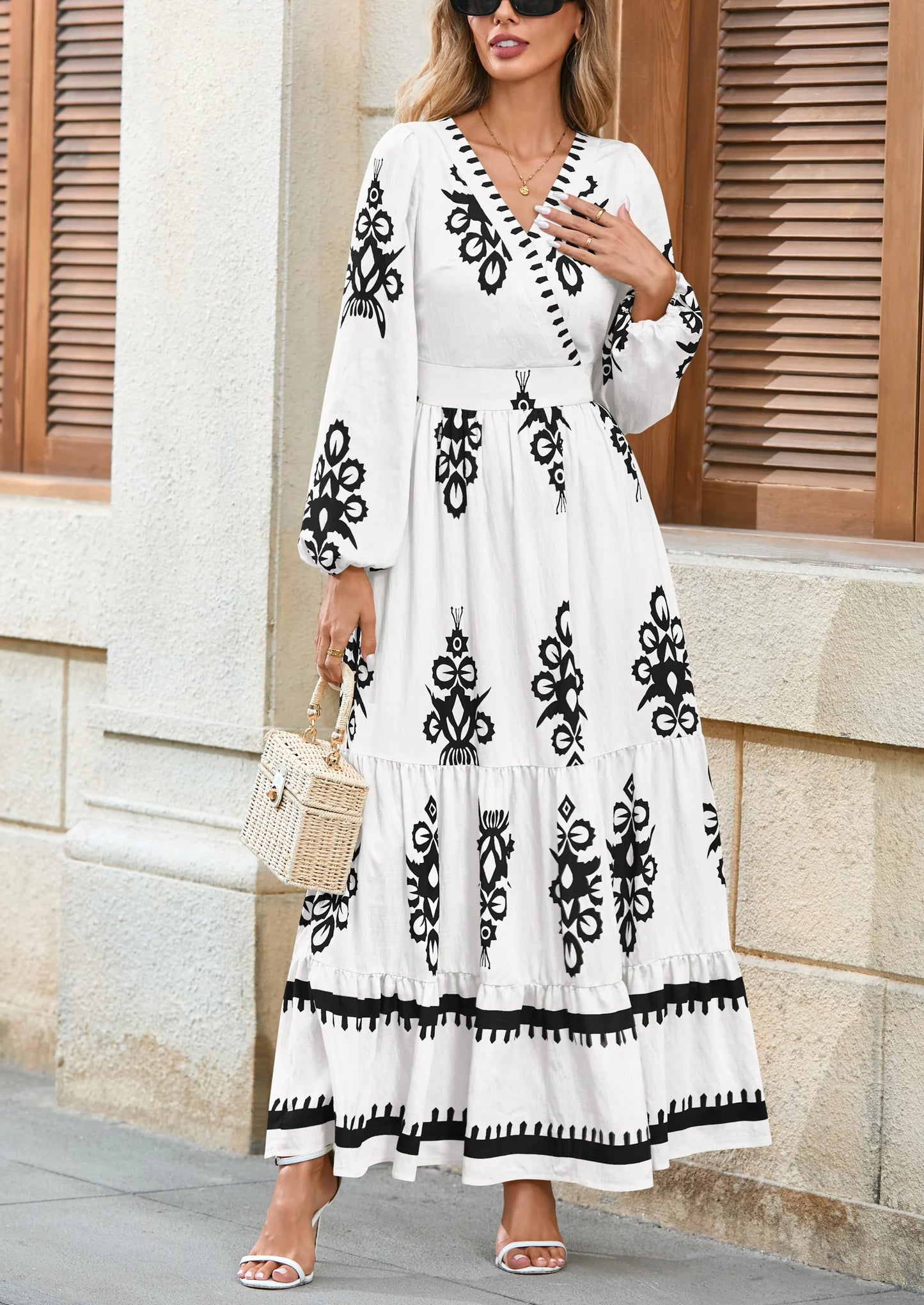Women's Fall Wedding Guest Dresses Boho Floral Long Sleeve V Neck Flowy Elegant Maxi Dress Beach Clothes