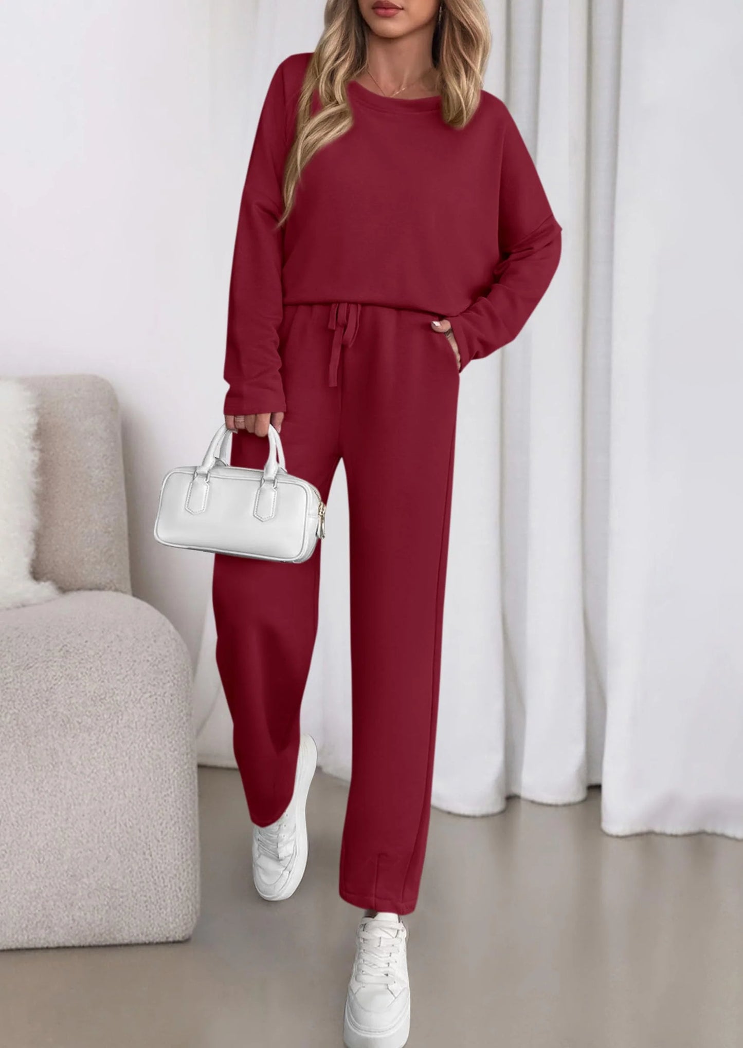 Womens 2 Piece Matching Lounge Sets Fall Long Sleeve Boatneck Sweatsuit Drawstring Sweatpants Pockets