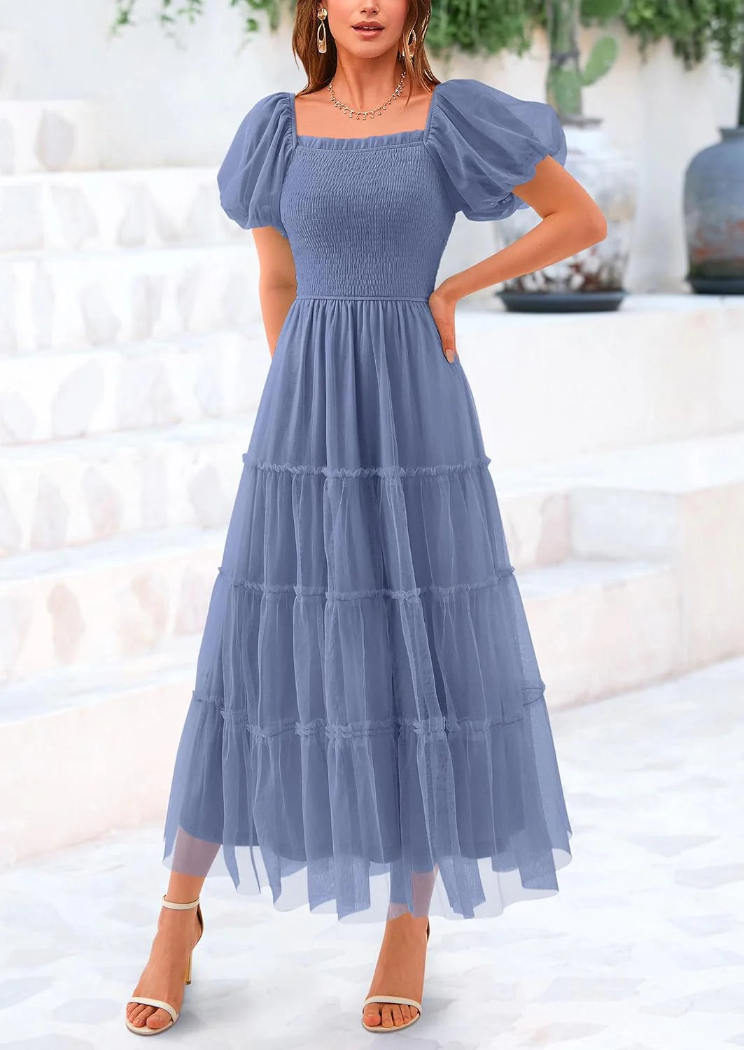Women's Smocked Tulle Midi Dress Square Neck Puffy Short Sleeve Ruffle Wedding Guest Party Dresses