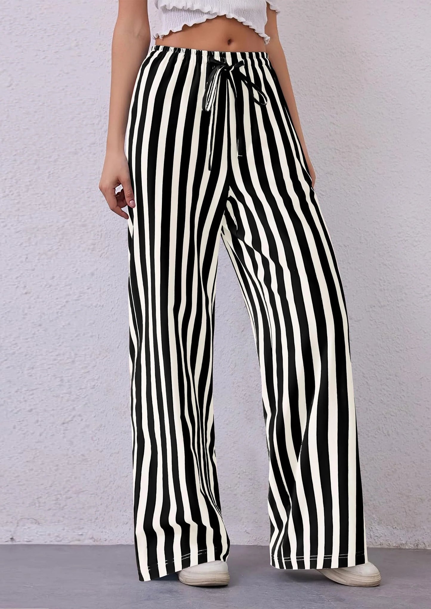 Women's Summer Striped Wide Leg Lounge Pants Trendy Clothes Drawstring Elastic Waist Comfy Pajama Bottoms