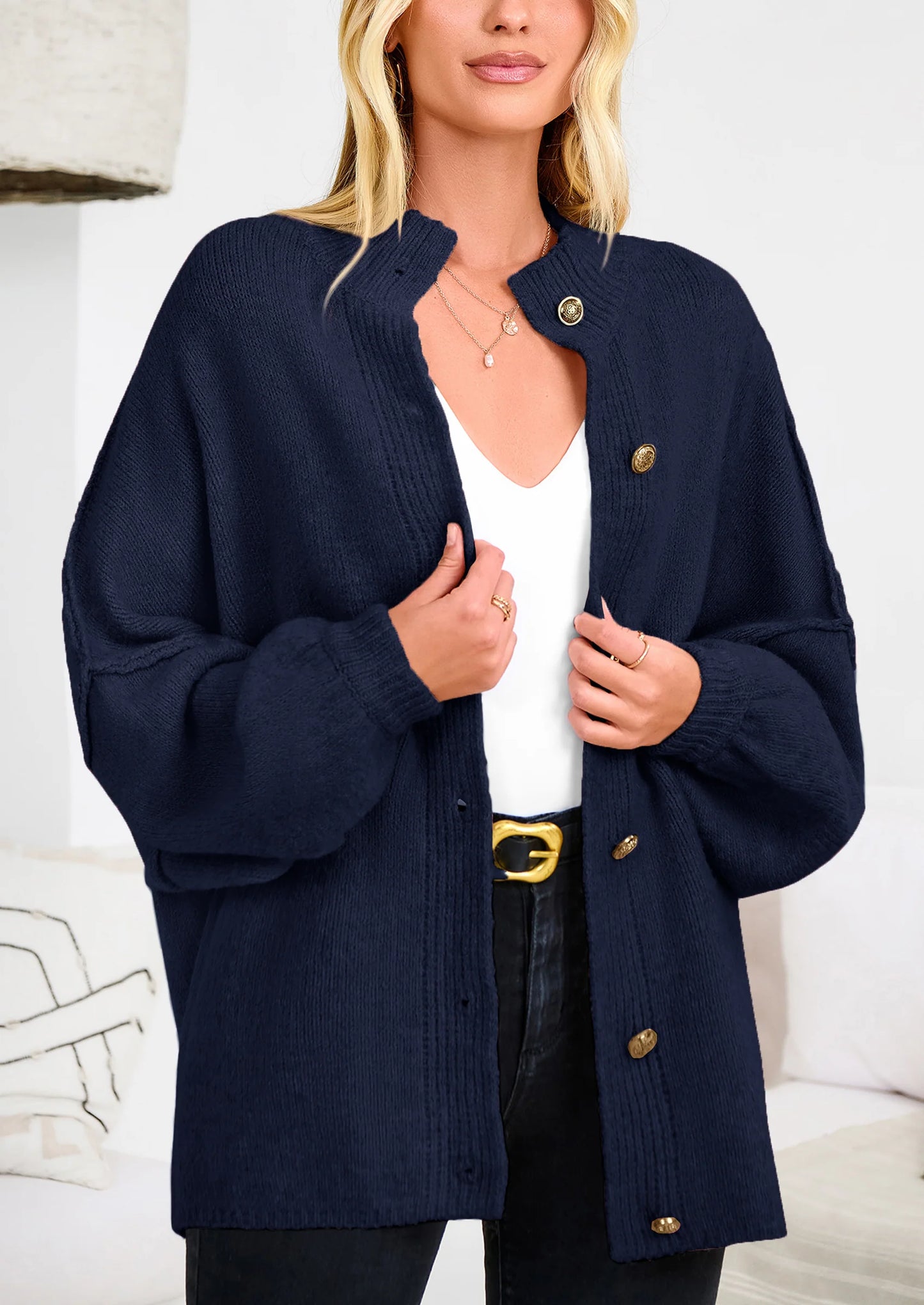 Women's Winter Button Down Cardigan Sweaters Mock Neck Lantern Long Sleeve Chunky Knit Jacket Trendy Outerwear