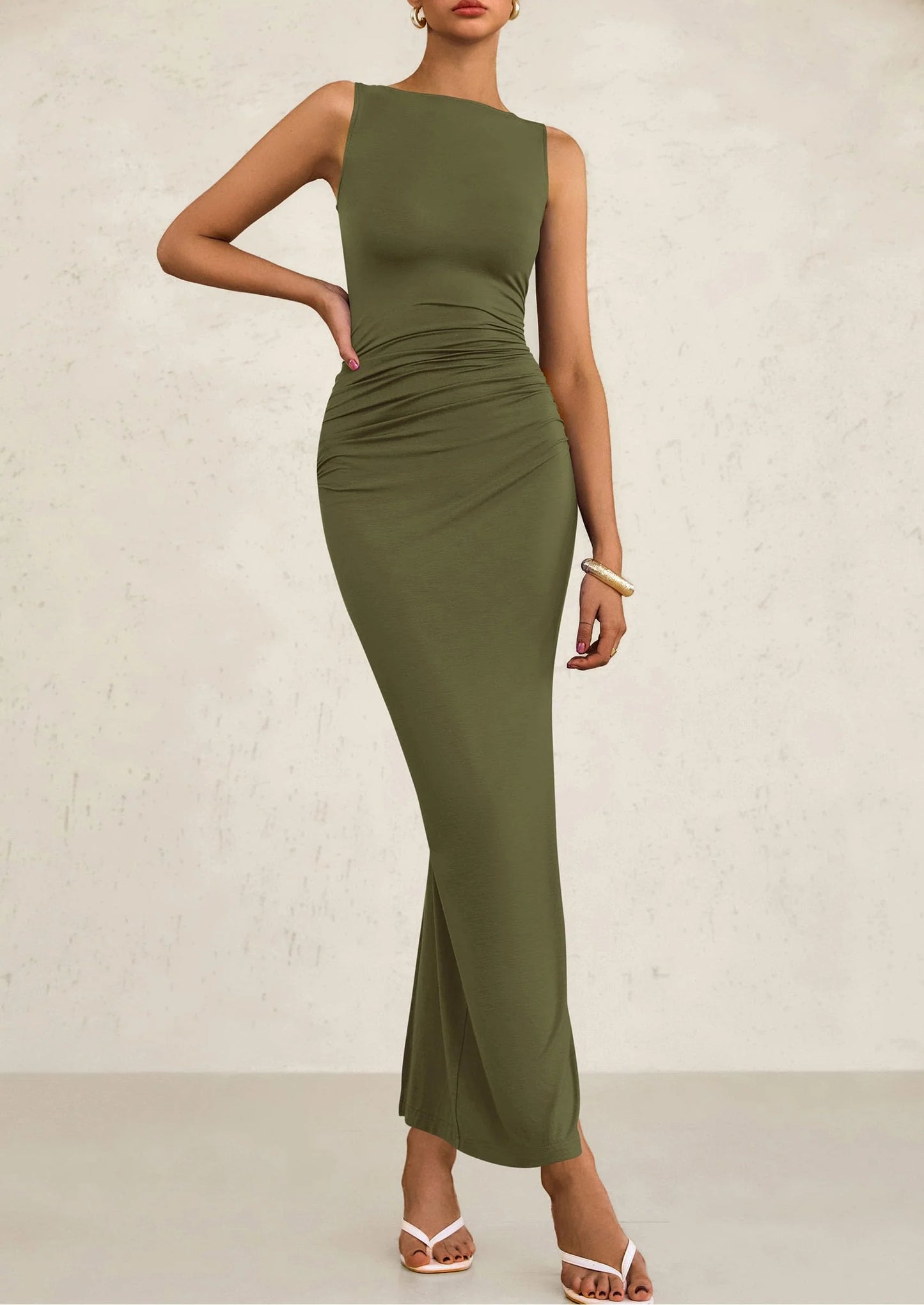 Women's Semi Formal Midi Dresses Sleeveless Ruched Bodycon Long Elegant Cocktail Wedding Guest Dress