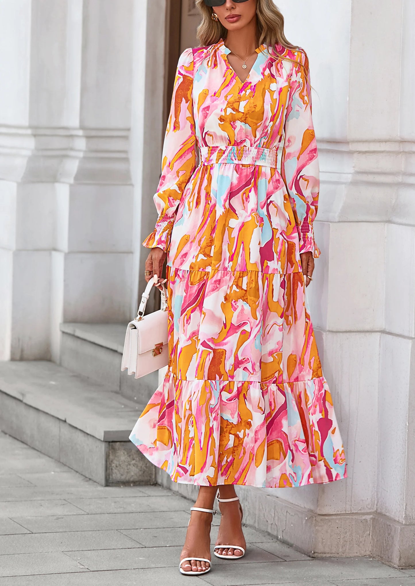 Women's Floral Maxi Dress Spring Long Sleeve V Neck Casual A Line Long Flowy Boho Party Dresses