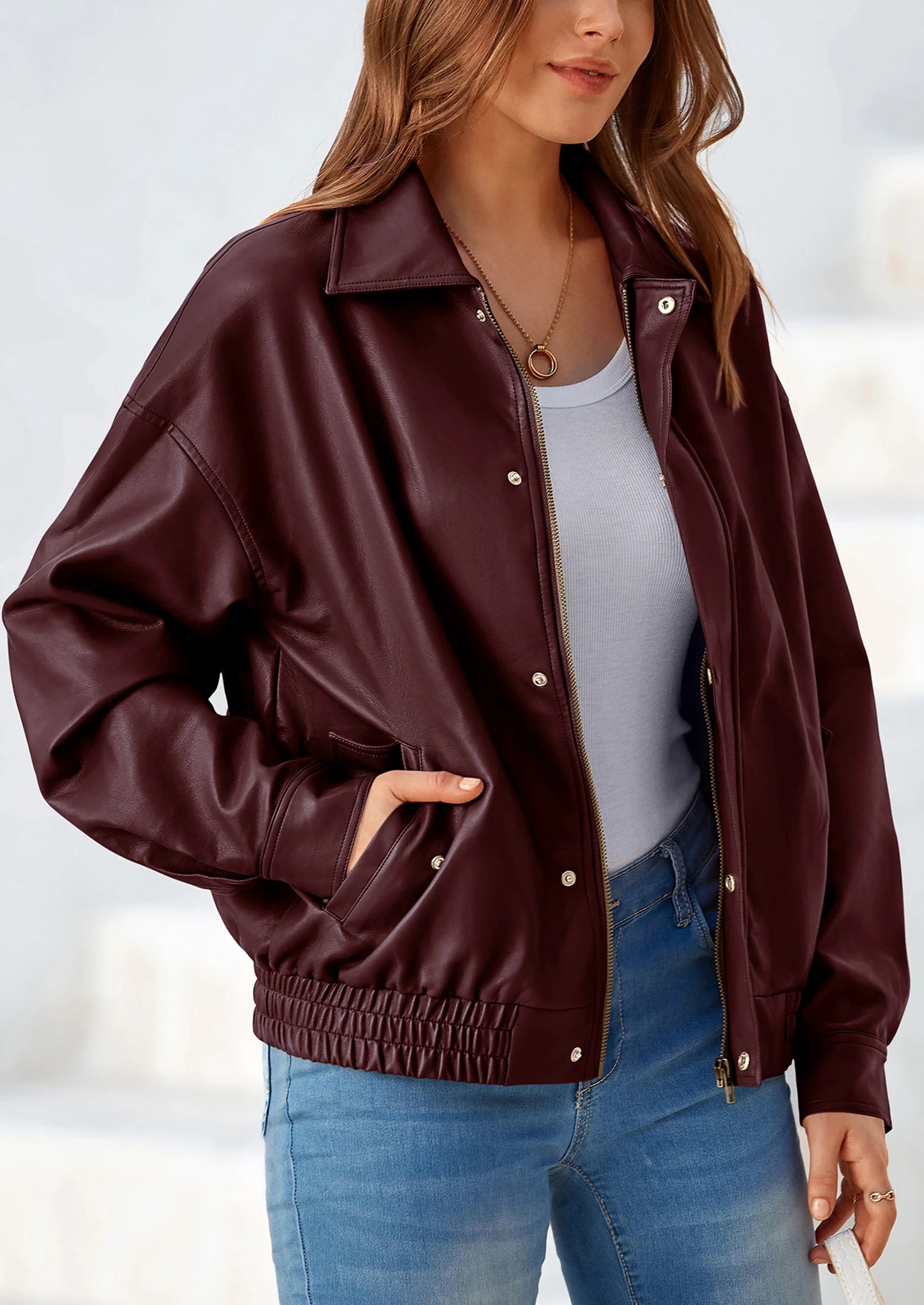 Women's Faux Leather Motorcycle Jacket Trendy Fall Spring Clothes Oversized Zip Up Winter Coat Outerwear