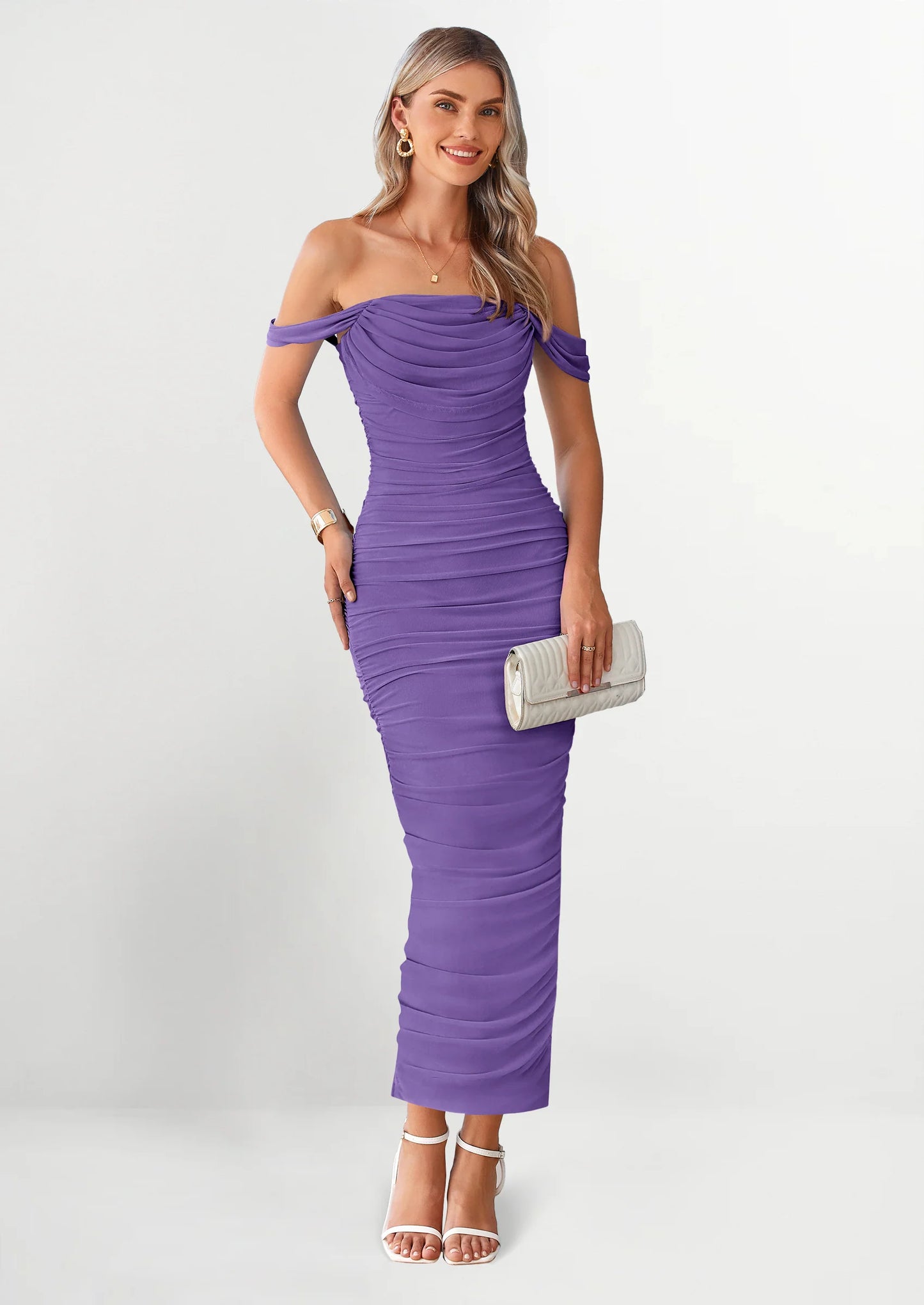Womens Off The Shoulder Dress Ruched Bodycon Sleeveless Split Cocktail Party Maxi Dresses