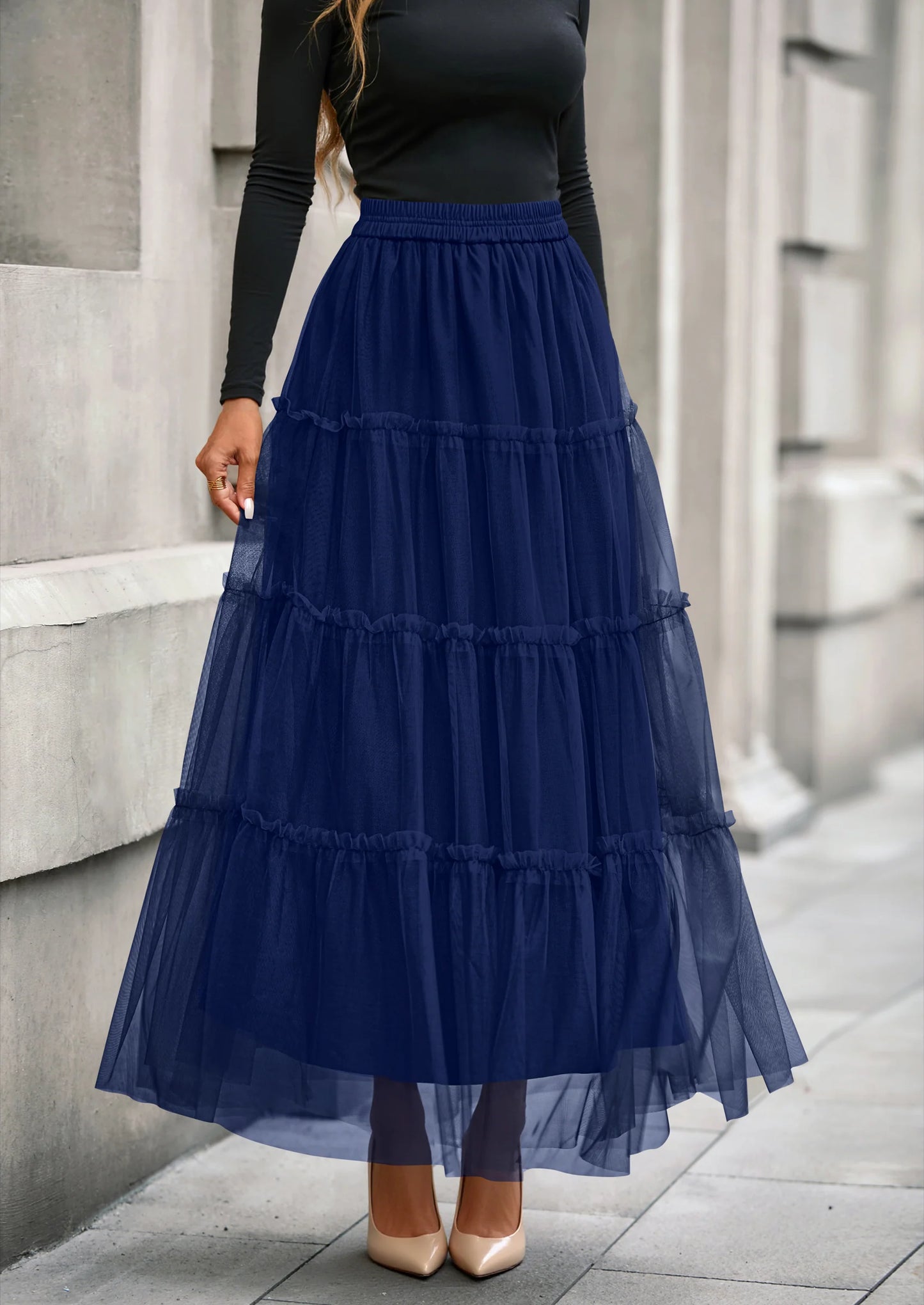 Maxi Skirts for Women Fall Tulle High Waisted Ruffle Flowy A-Line Long Skirt Country Concert Outfits