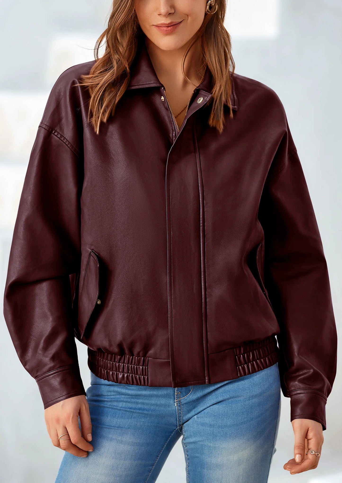 Women's Faux Leather Motorcycle Jacket Trendy Fall Spring Clothes Oversized Zip Up Winter Coat Outerwear