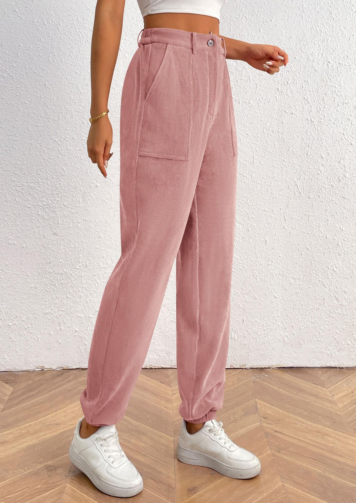 Women's Pants Dressy Casual Fall Elastic High Waisted Work Office Corduroy Trouser Slacks with Pockets