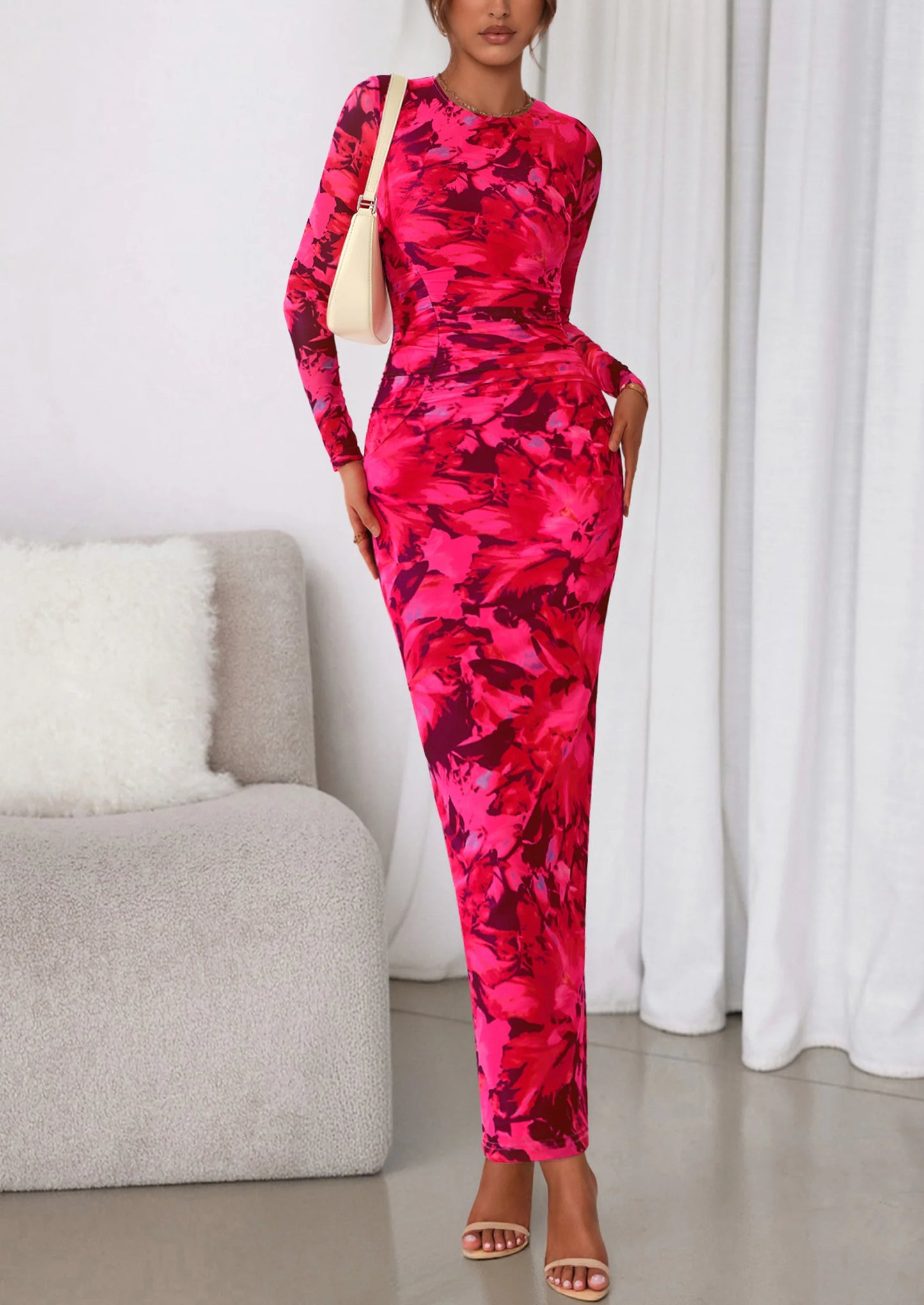 Women's Fall Wedding Guest Dresses Long Sleeve Fitted Ruched Slit Bodycon Mesh Floral Party Maxi Dress