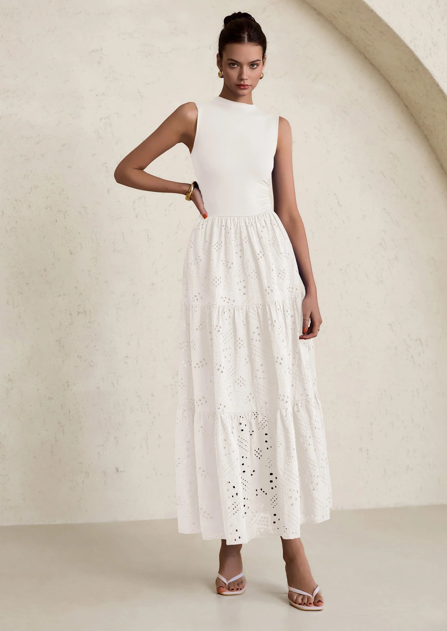 Dresses for Women Casual Eyelet Sleeveless Wedding Guest Maxi Dress Tank Top Sundress with Pockets