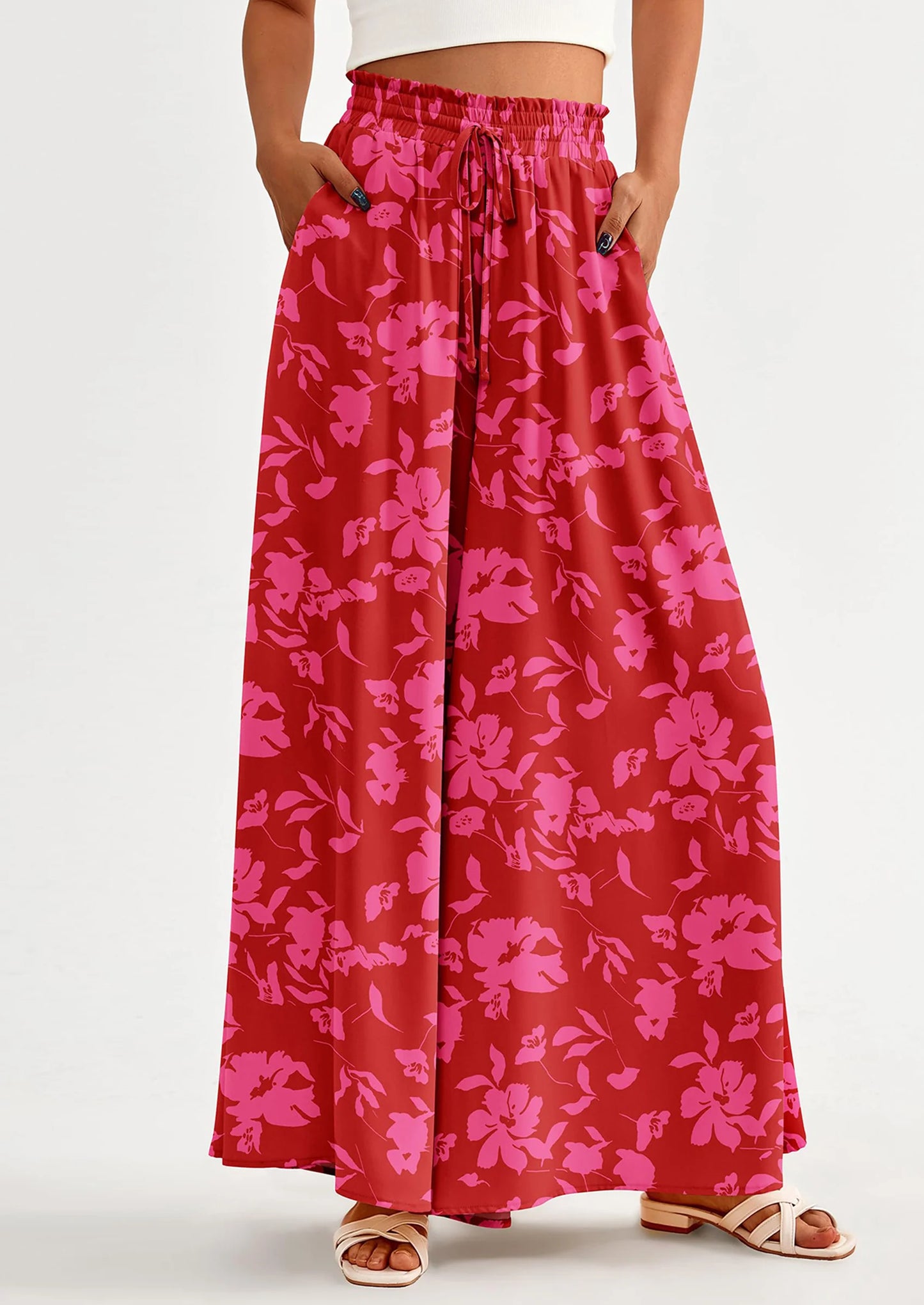 Women's Summer Wide Leg Palazzo Pants High Waisted Flowy Pockets Trendy Casual Lounge Boho Beach Trousers