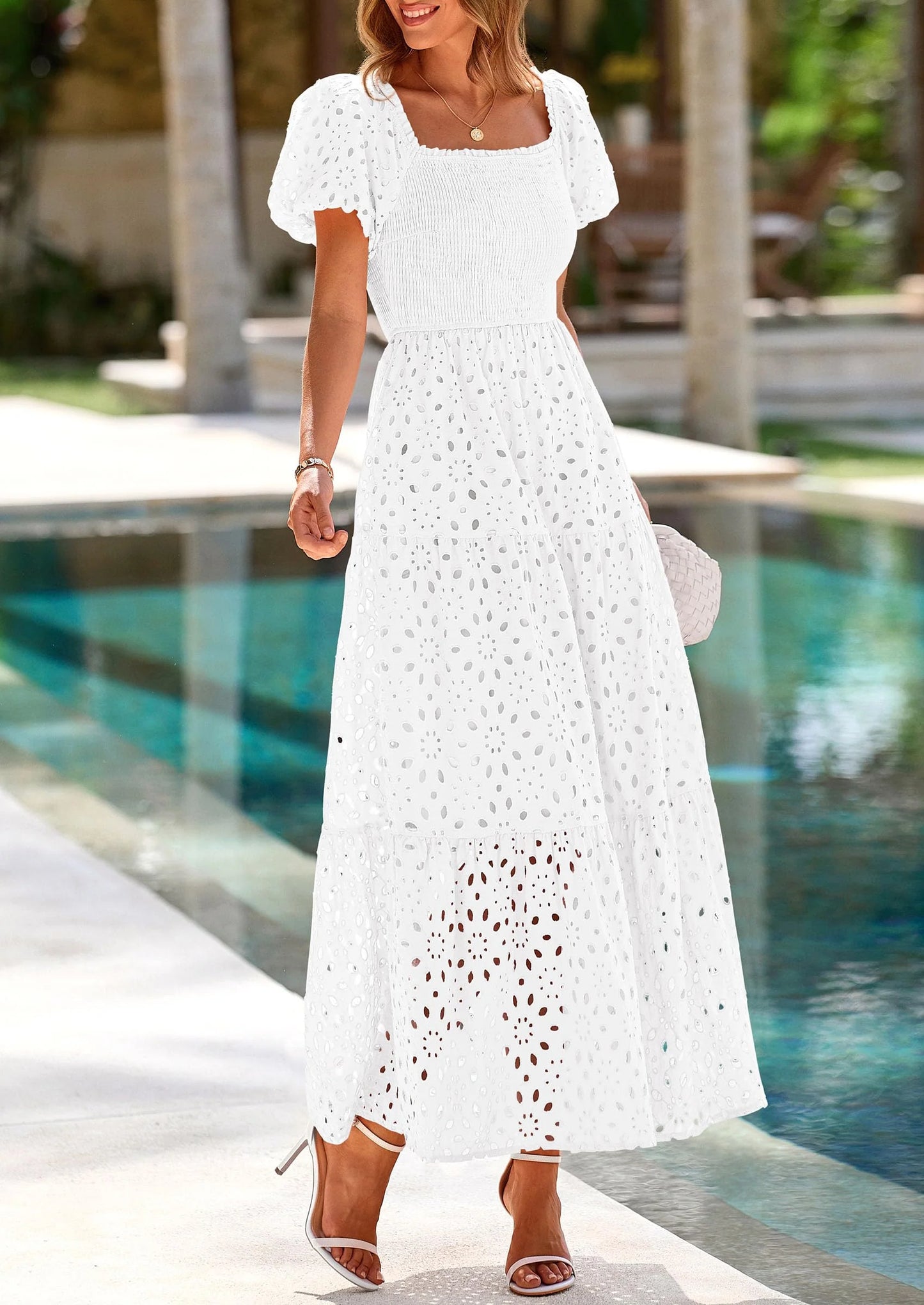 Dresses for Women Eyelet Square Neck Puff Sleeve Smocked Wedding Guest Maxi Dress with Pockets