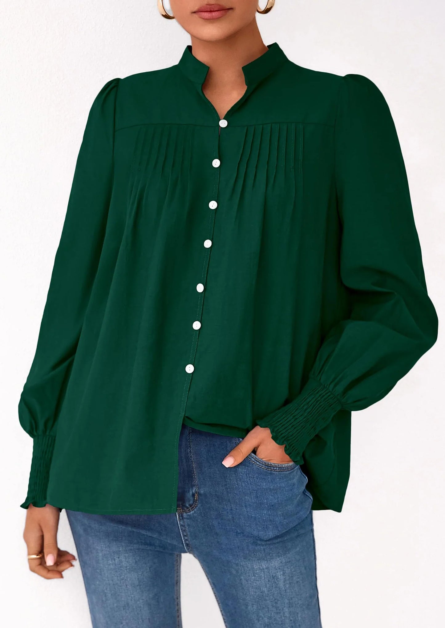 Womens Fall Lantern Long Sleeve Shirts Trendy Button V Neck Pleated Henley Tops Loose Work Blouses