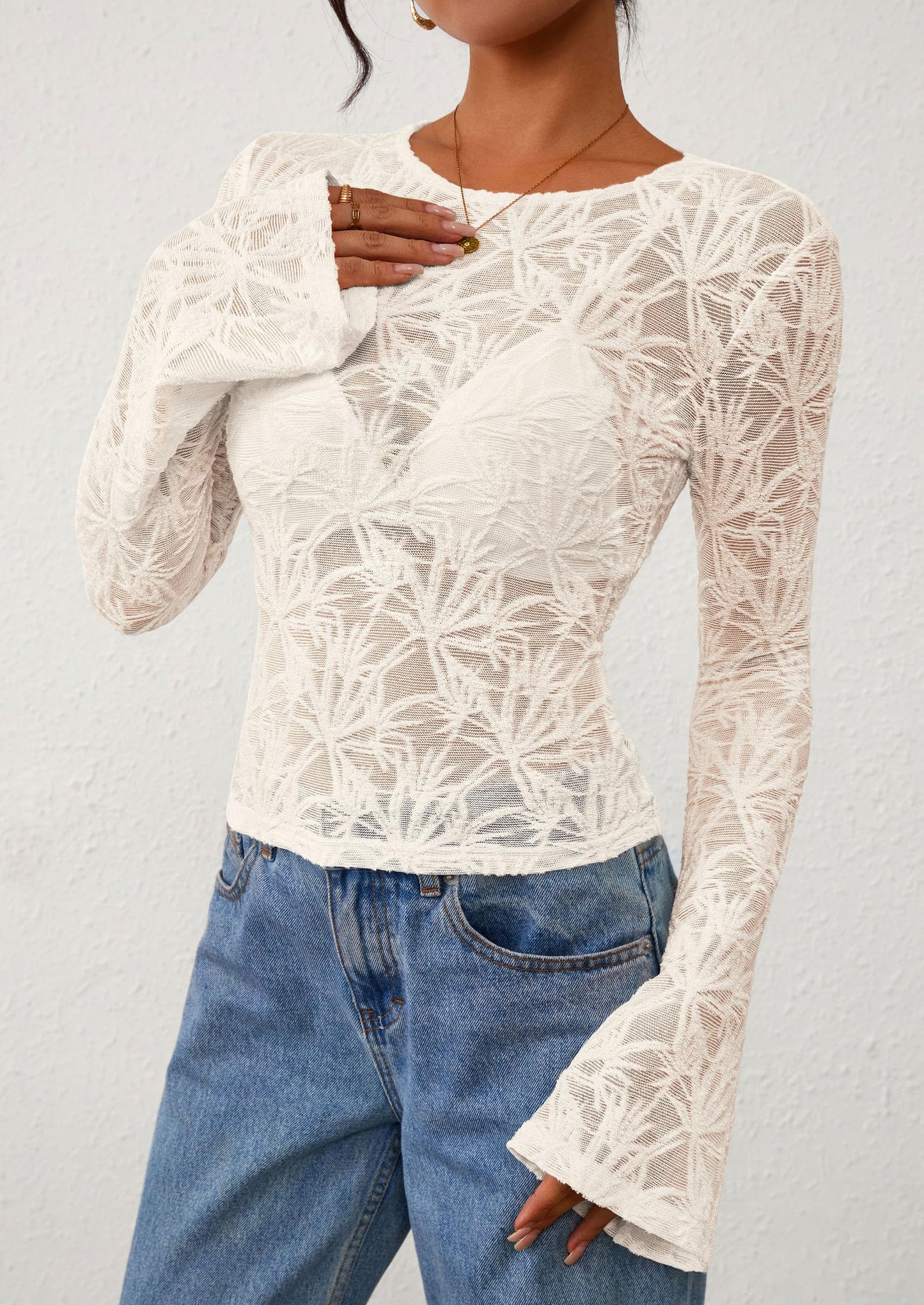 Womens Lace Long Bell Sleeve Tops Fall Sexy See Through Sheer Floral Blouse Shirt Fitted Going Out Outfits
