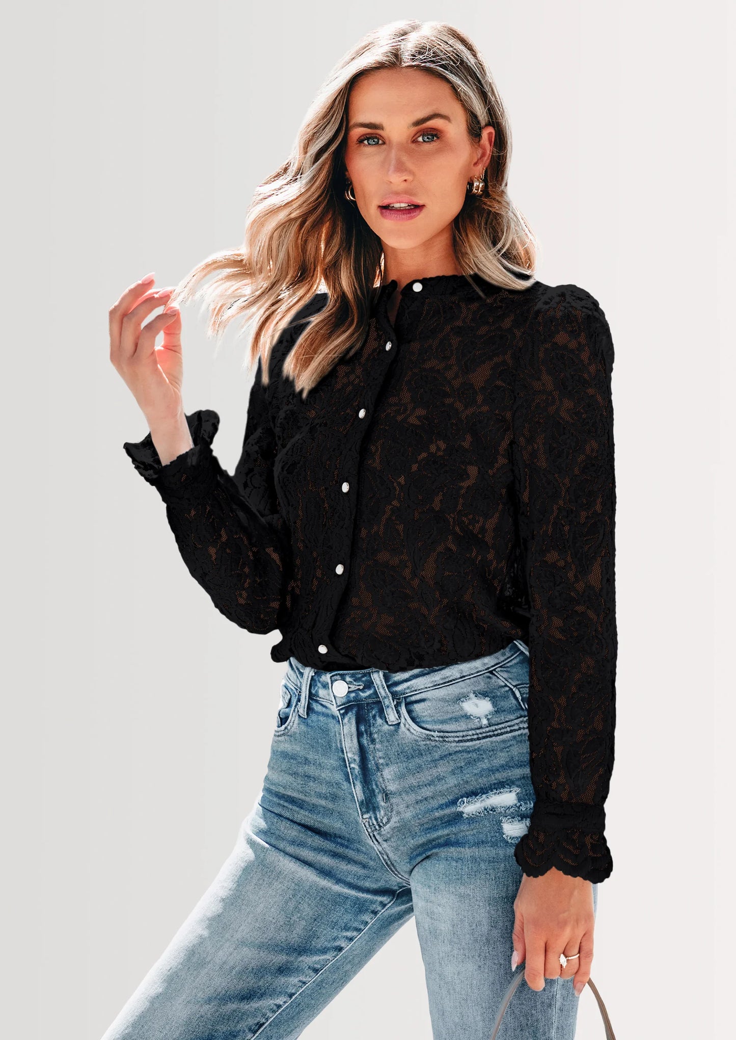Women's Dressy Casual Lace Blouse Long Sleeve Button Up Shirts Tops Spring Fall Fashion Clothes