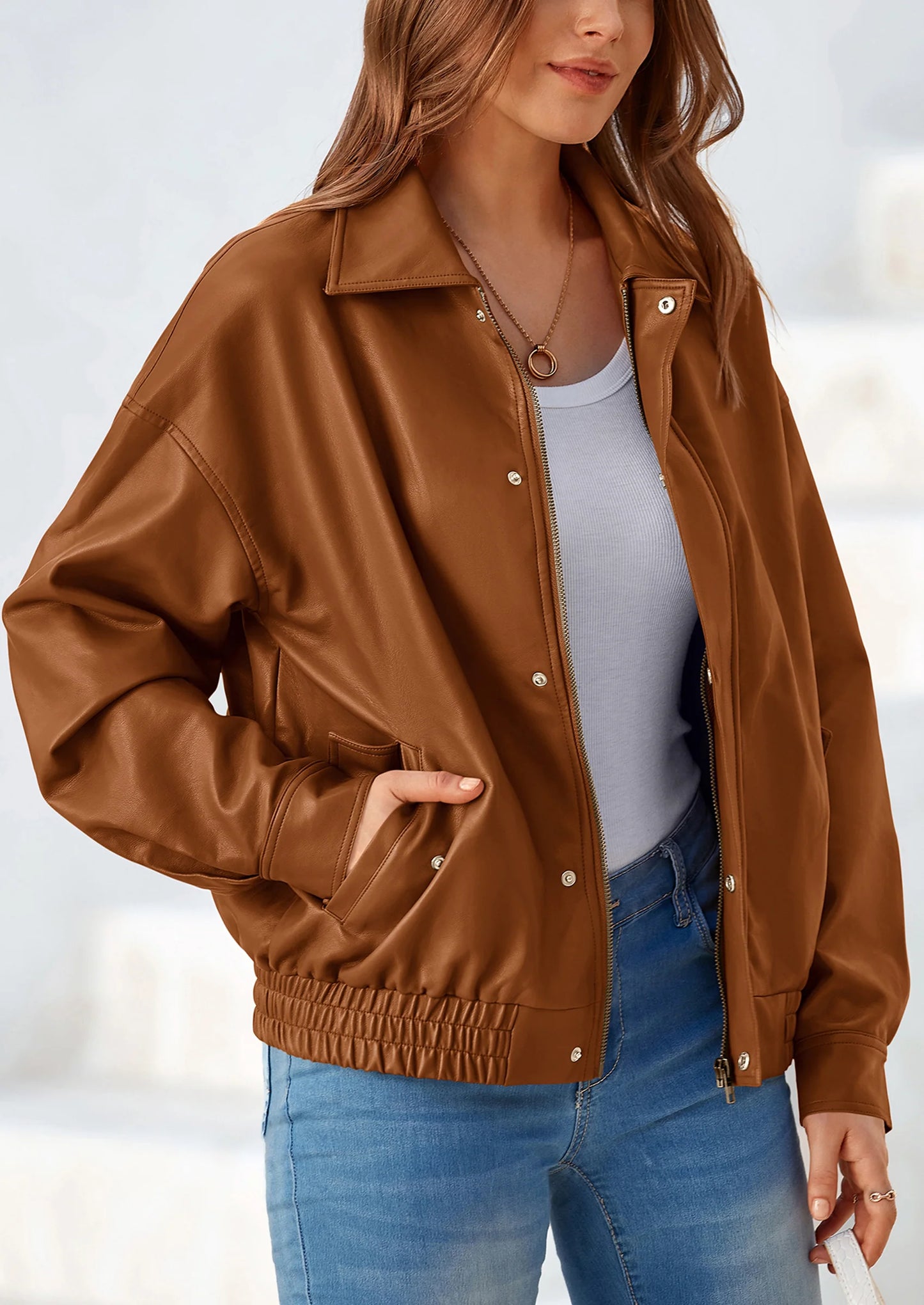 Women's Faux Leather Motorcycle Jacket Trendy Fall Spring Clothes Oversized Zip Up Winter Coat Outerwear