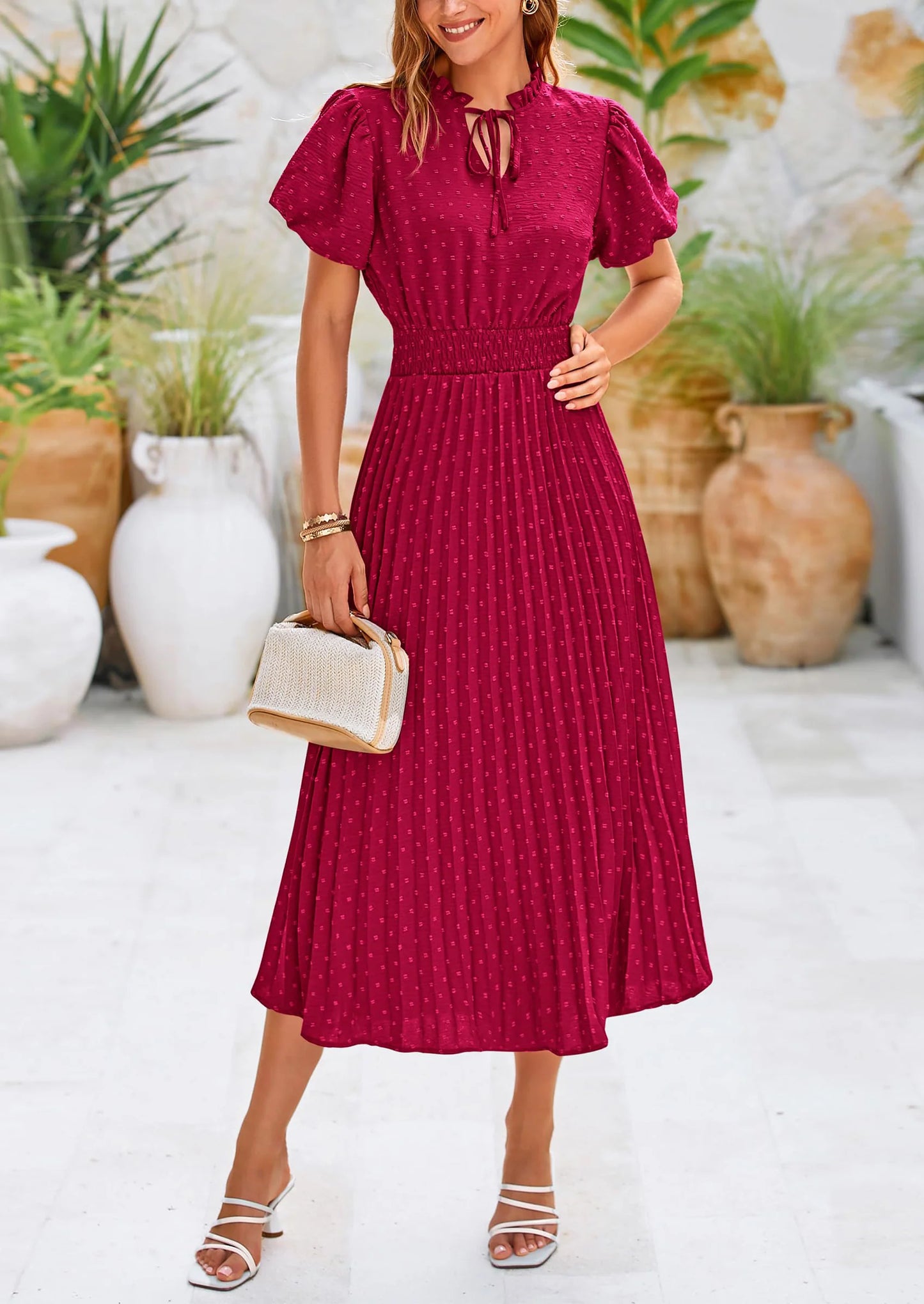 Womens Midi Dresses Puff Short Sleeve V Neck Swiss Dot Pleated A Line Flowy Long Wedding Guest Dress