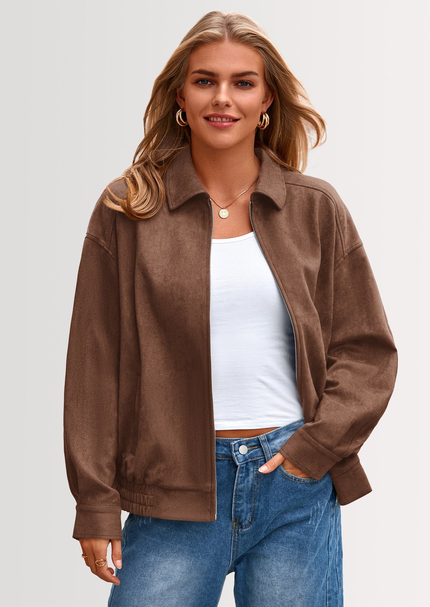 Women's Faux Suede Motorcycle Jacket Trendy Fall Fashion Oversized Zip Up Coats Winter Clothes Outerwear