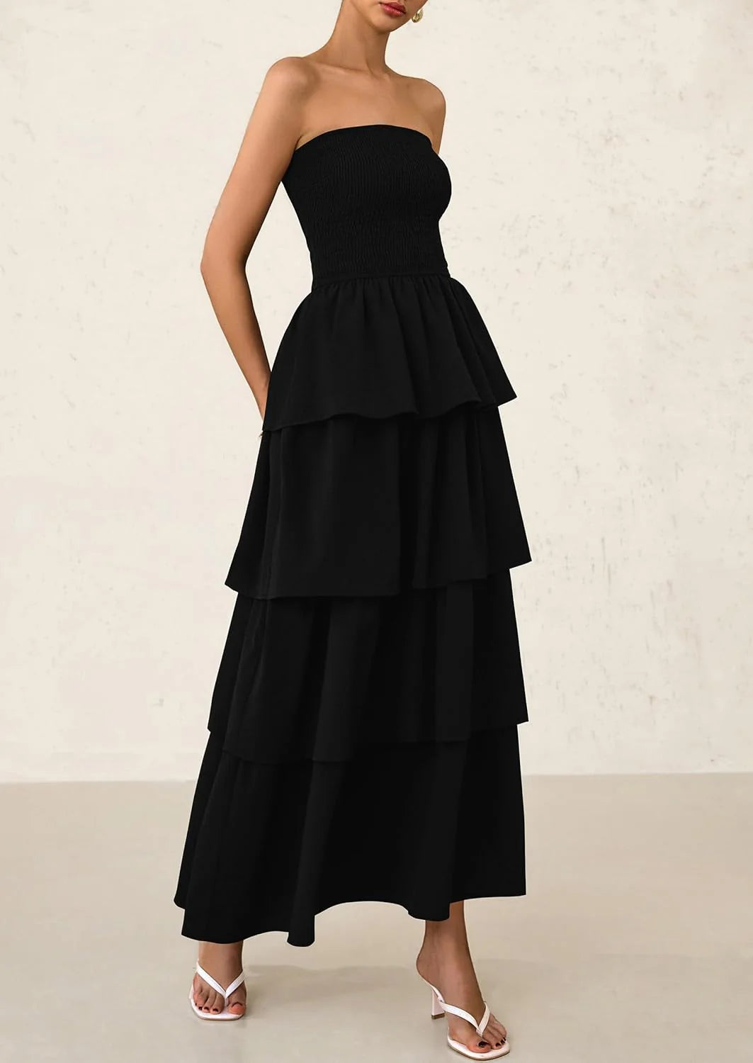 Maxi Dresses for Women Off Shoulder Smocked Tiered Ruffle Long Flowy Wedding Guest Dress