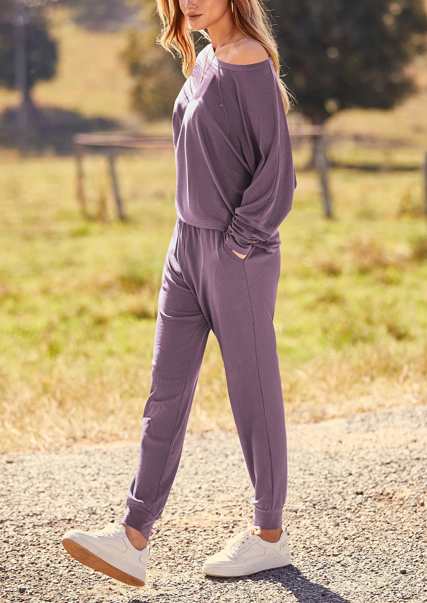Women's Fall 2 Piece Lounge Set Long Sleeve Tops Ribbed Pants Spring Matching Sweatsuit Travel Outfits Clothes