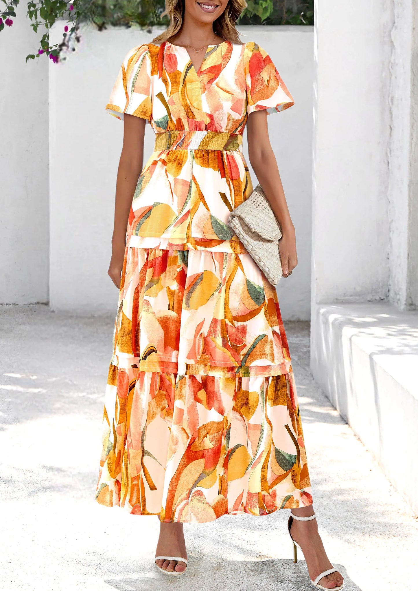 Women's Boho Maxi Dresses Floral Short Sleeve V Neck A Line Tiered Flowy Long Beach Vacation Dress