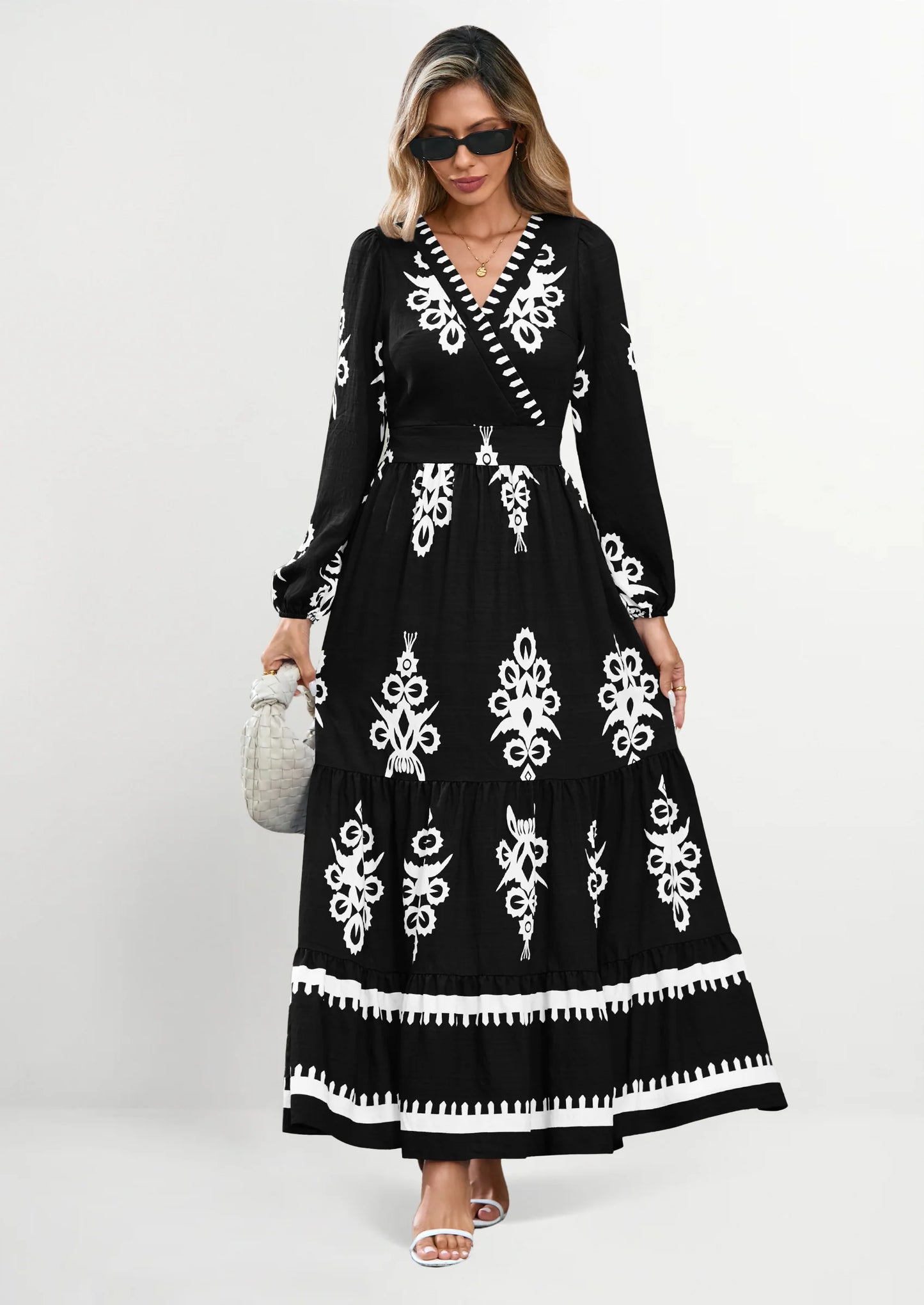 Women's Fall Wedding Guest Dresses Boho Floral Long Sleeve V Neck Flowy Elegant Maxi Dress Beach Clothes