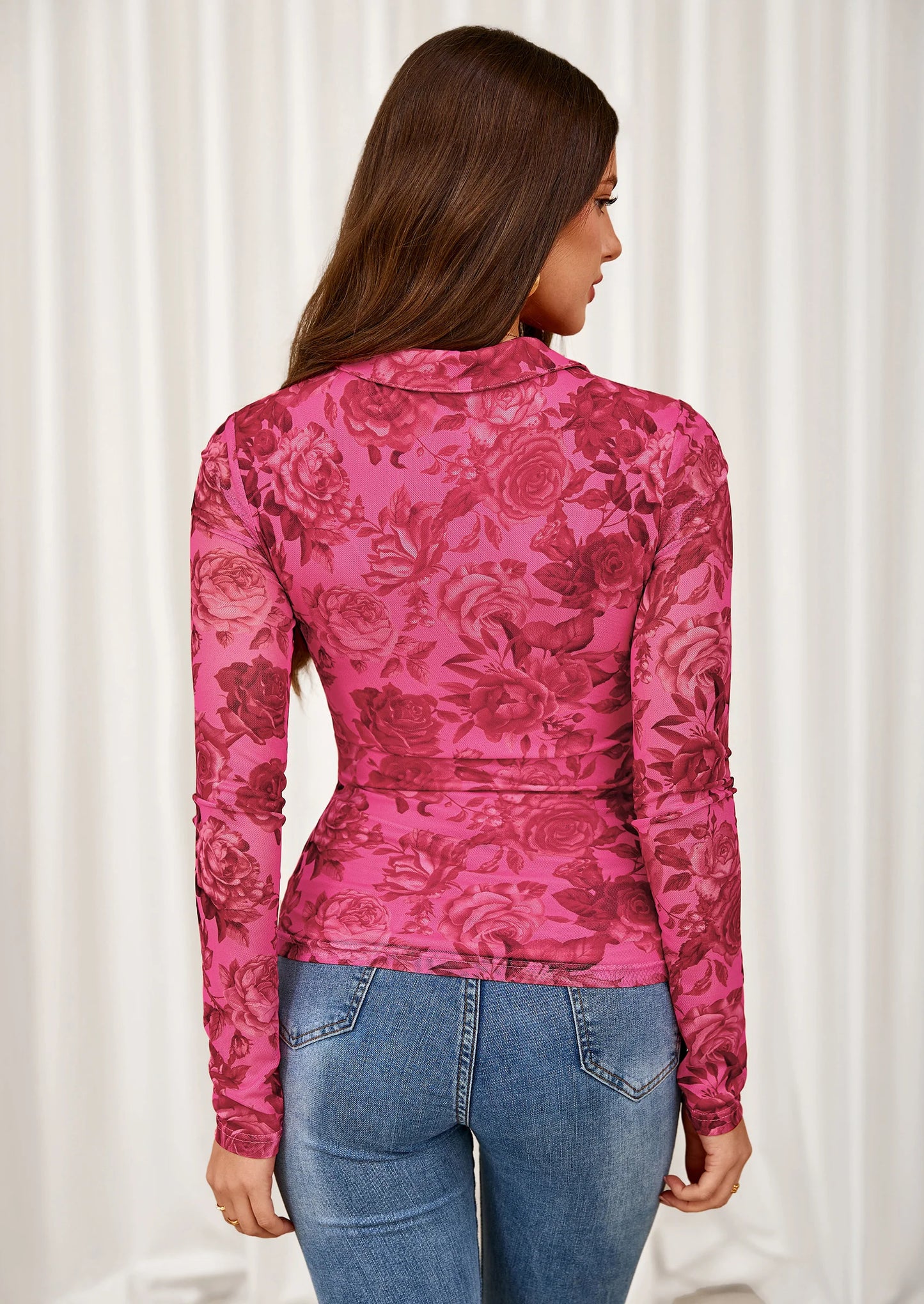 Women Button Down Floral Shirts Fall Trendy Long Sleeve V Neck Ruched Fitted Mesh Blouse Tops Date Outfits
