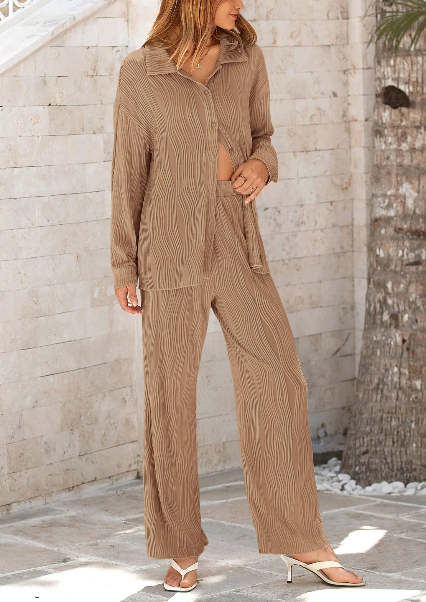2 Piece Textured Sets Casual Button Down Shirt Wide Leg Pants Outfit Loungewear Tracksuit