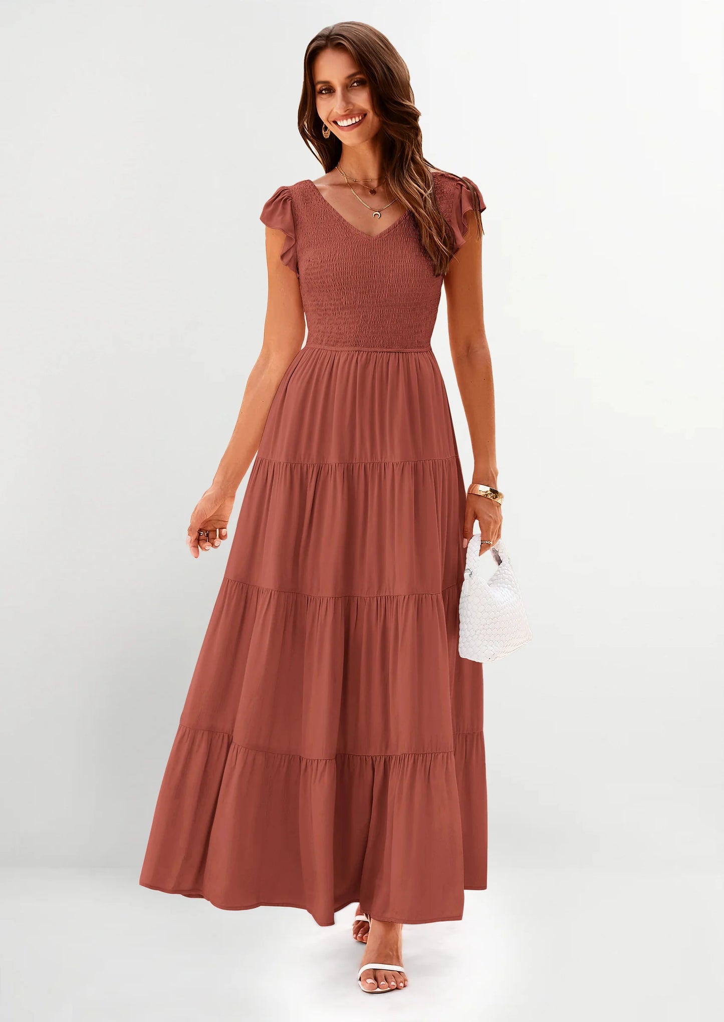 Women's Flowy Maxi Dress Casual Cap Sleeve V Neck Smocked Beach Sundress
