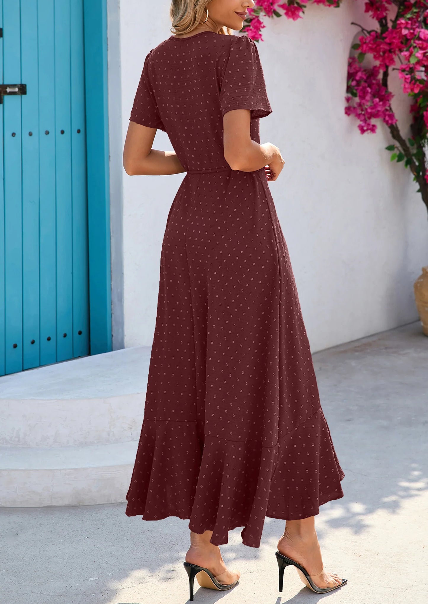 Women's Summer Maxi Dress Casual Wrap Floral Boho Short Sleeve V Neck Split Ruffle Beach Long Dresses