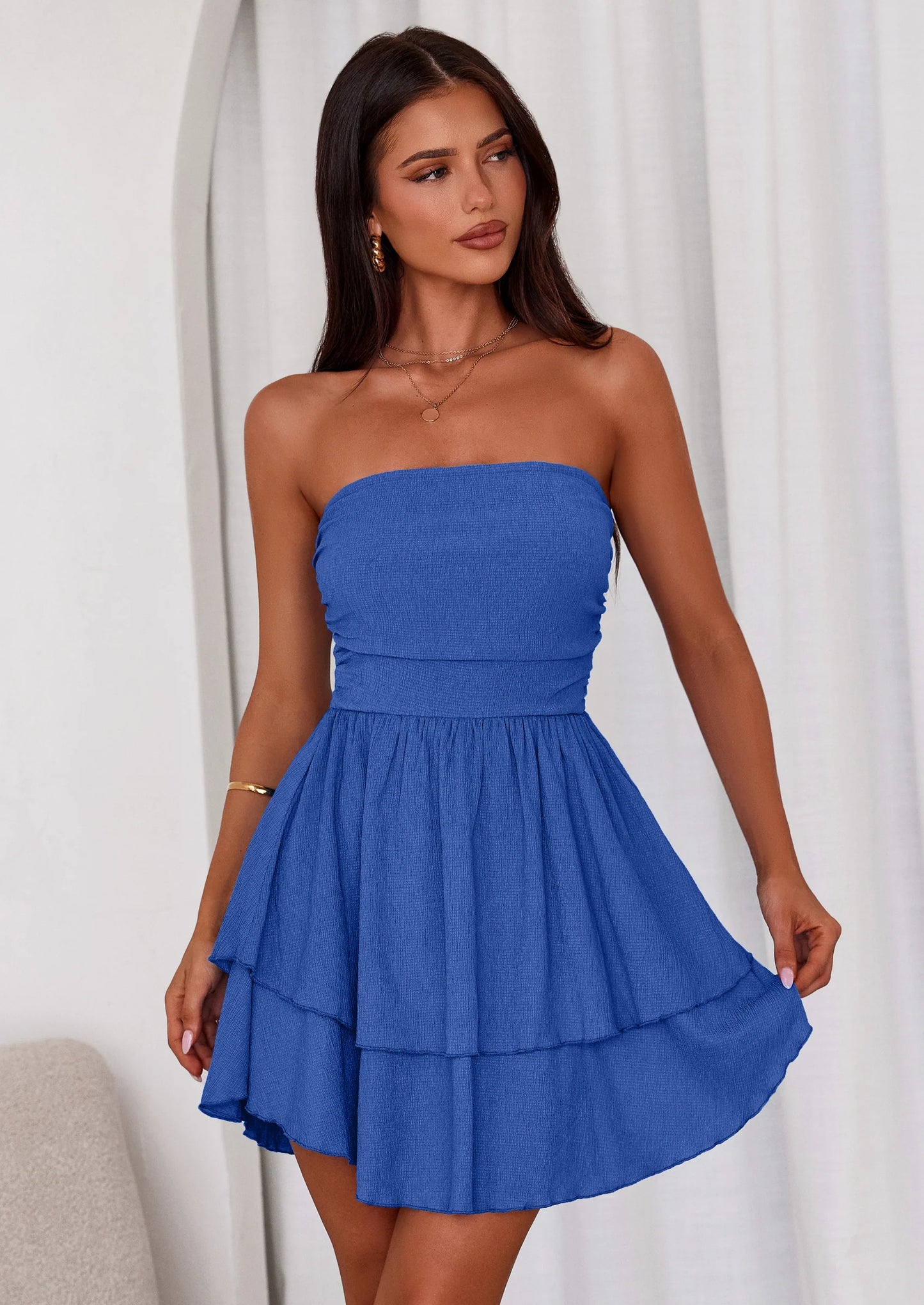 Women's Summer Strapless Tube Mini Dress Off Shoulder Smocked Ruffle A Line Flowy Short Party Club Dresses