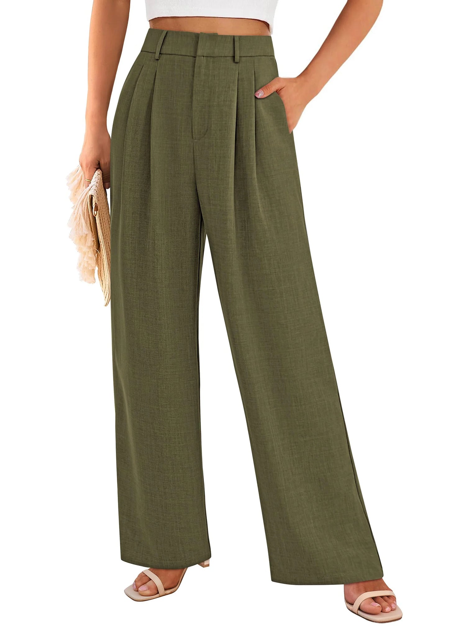 Women's Summer Elastic High Waisted Work Pants Straight Leg Dressy Business Casual Trousers Slacks Pockets