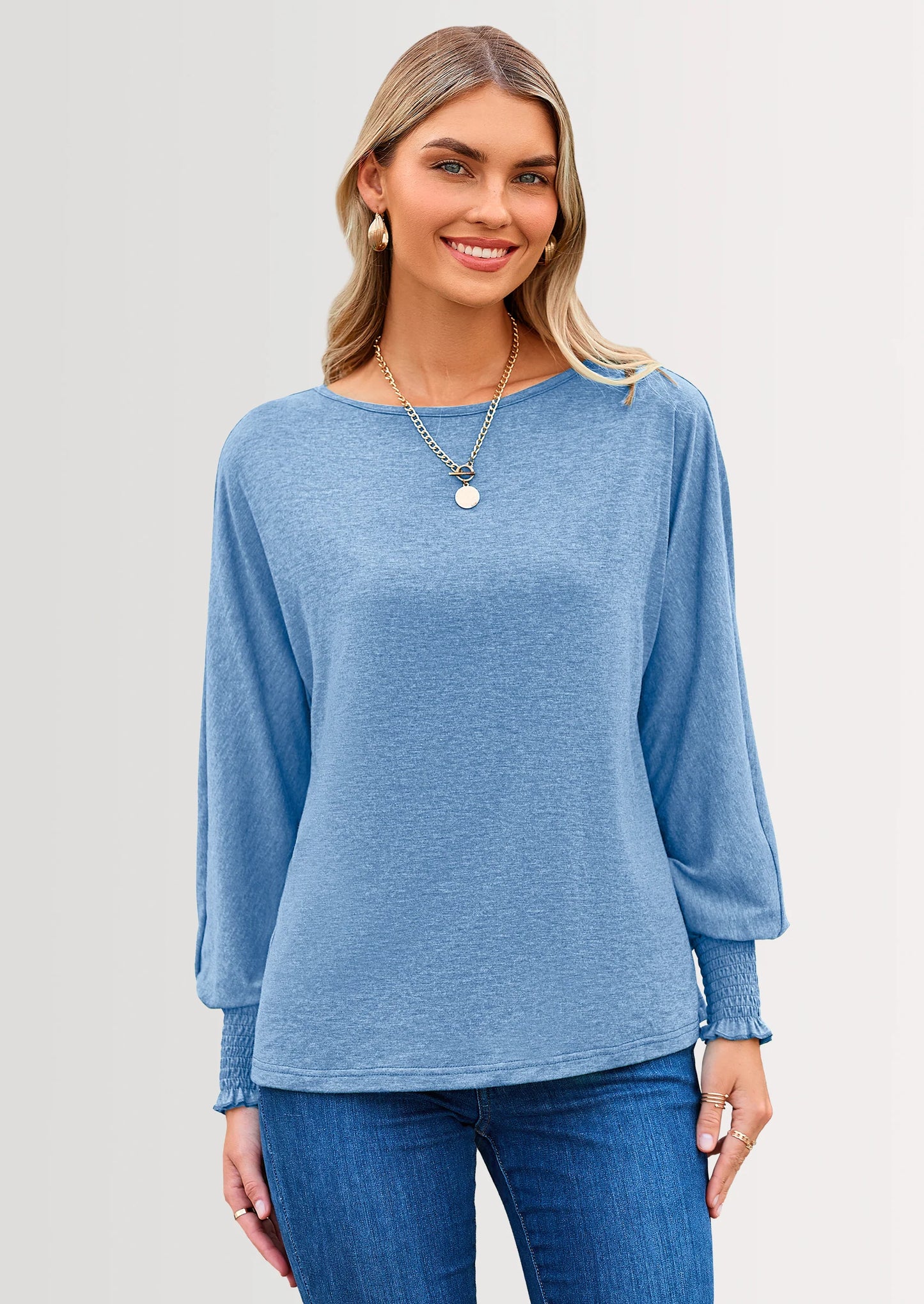 Women's Spring Fashion T Shirts Puff Long Sleeve Crewneck Casual Basic Tee Tops Blouses
