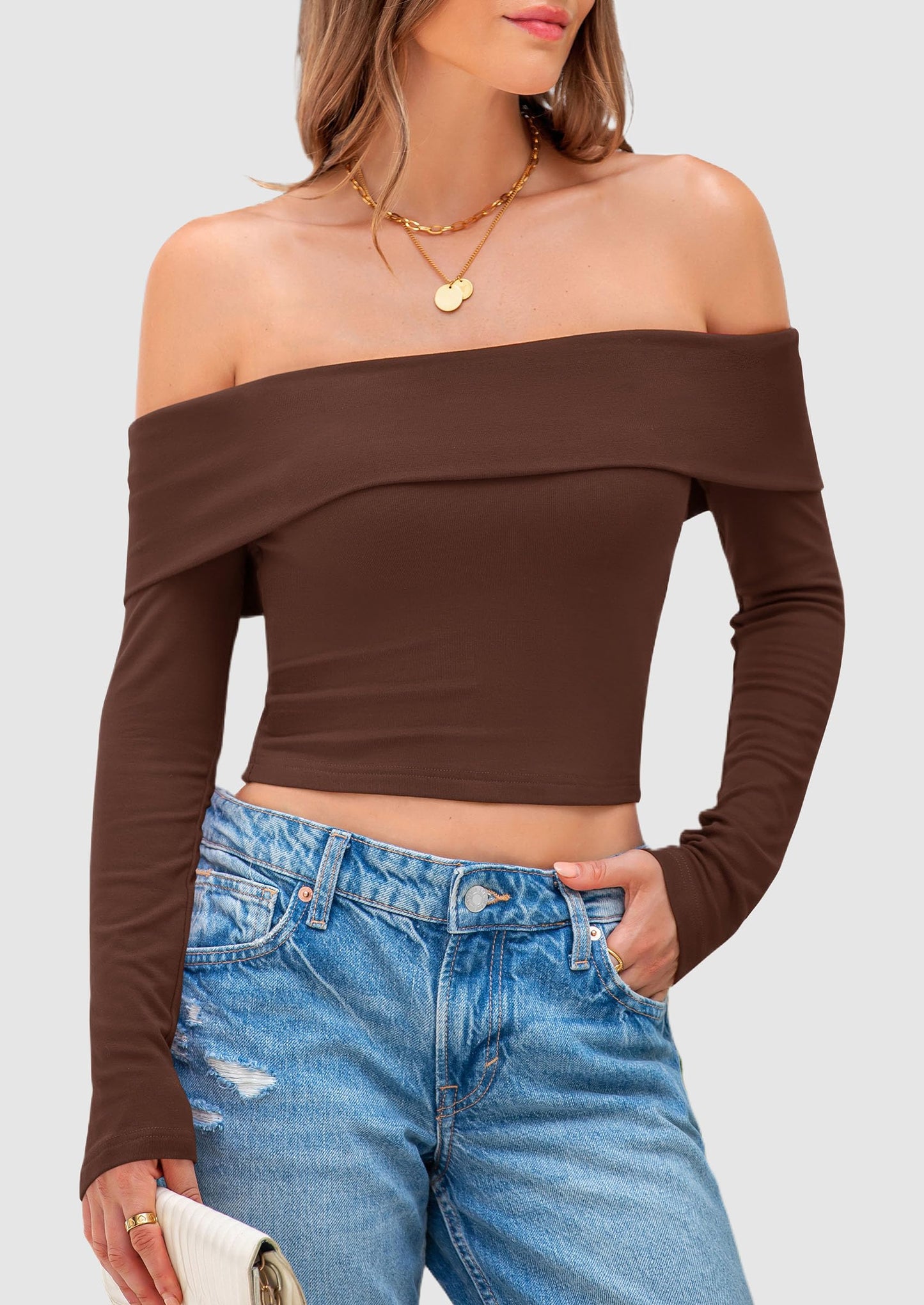 Off The Shoulder Tops for Women Long Sleeve Shirts Trendy Going Out Crop Top Spring Fashion Clothes