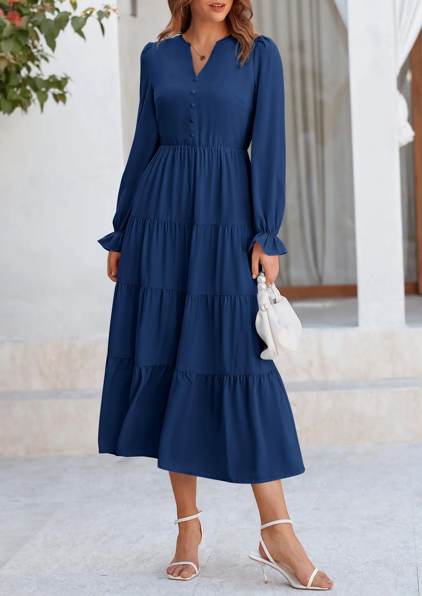 Women Fall Long Sleeve Smocked Maxi Dress Casual Square Neck Swiss Dot Tiered Ruffle Flowy Spring Pocket Dresses