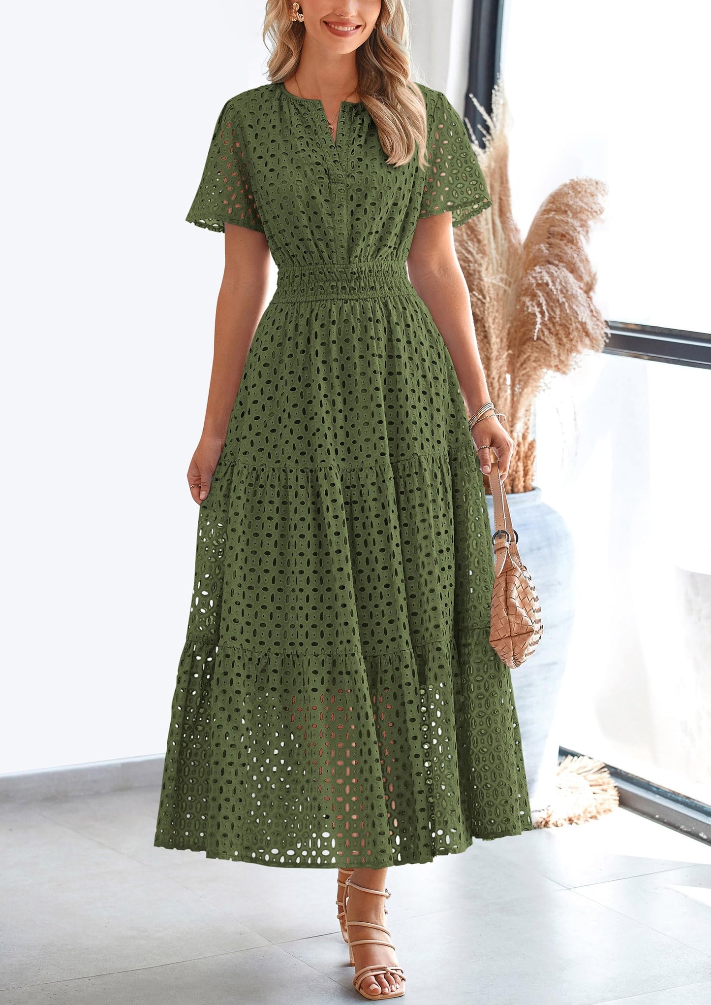 Womens Maxi Dress Short Sleeve V Neck Hollow Out Eyelet A Line Long Flowy Beach Vacation Dresses