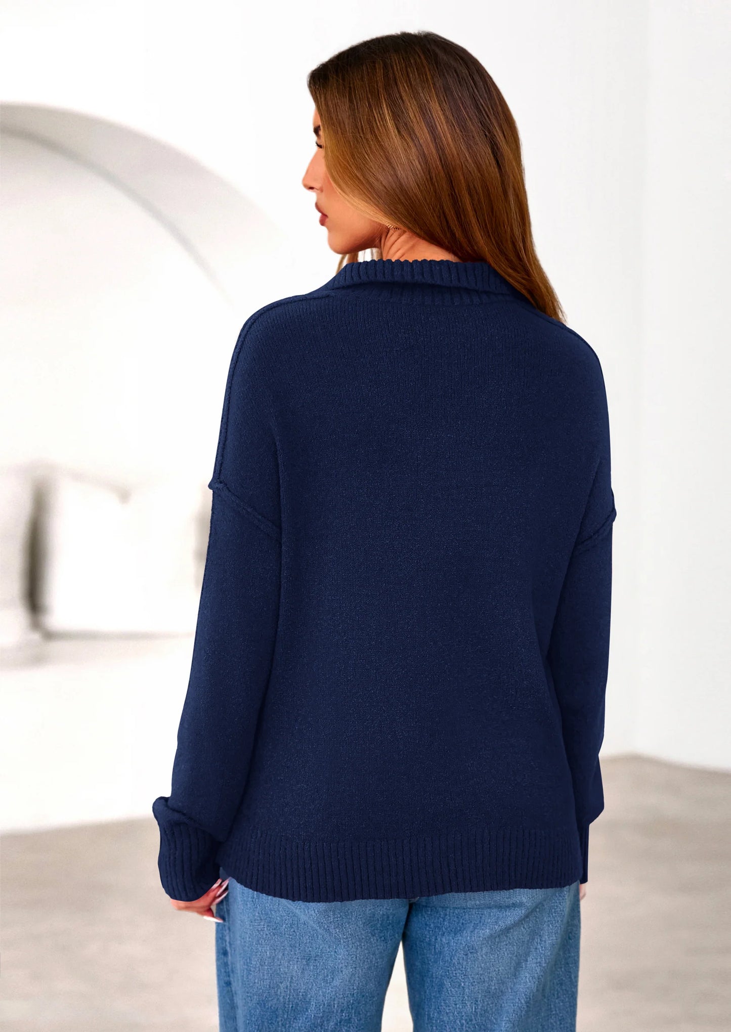 Womens Sweaters Quarter Zip Pullover Early Fall Fashion Long Sleeve V Neck Collared Knit Winter Jumper Tops
