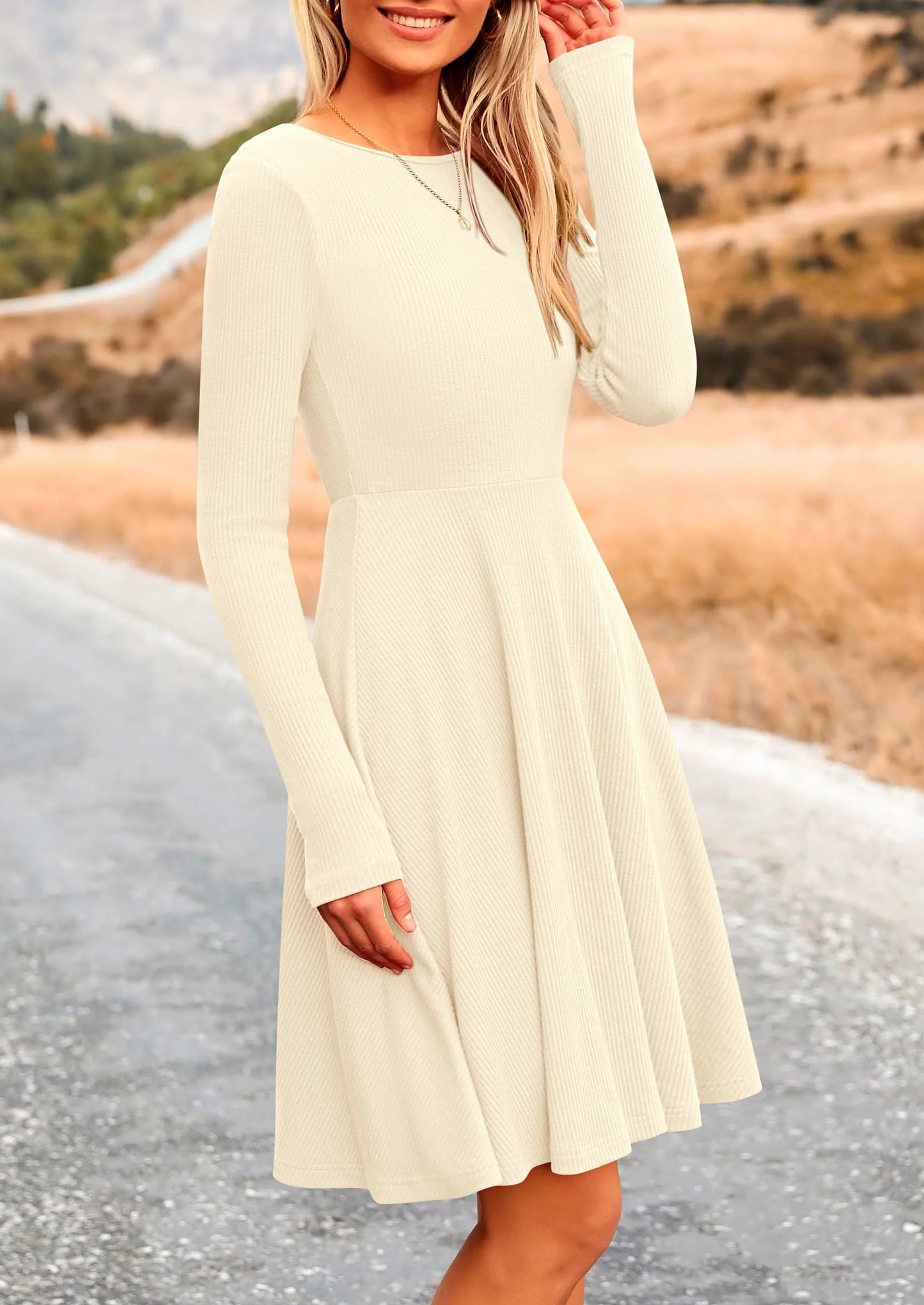 Women's Spring Fall Short Dress Ribbed Knit Crewneck Long Sleeve A Line Flowy Casual Elegant Going Out Dresses