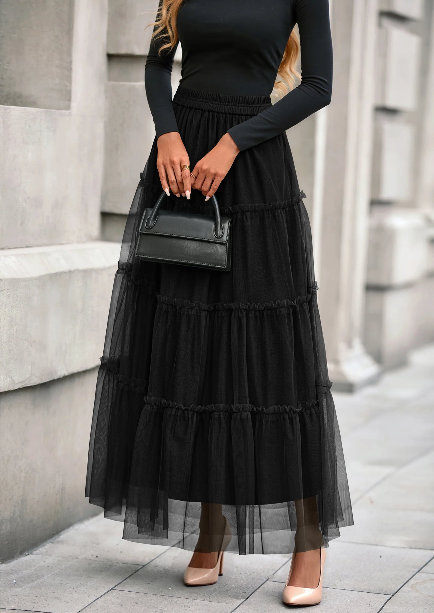 Maxi Skirts for Women Fall Tulle High Waisted Ruffle Flowy A-Line Long Skirt Country Concert Outfits