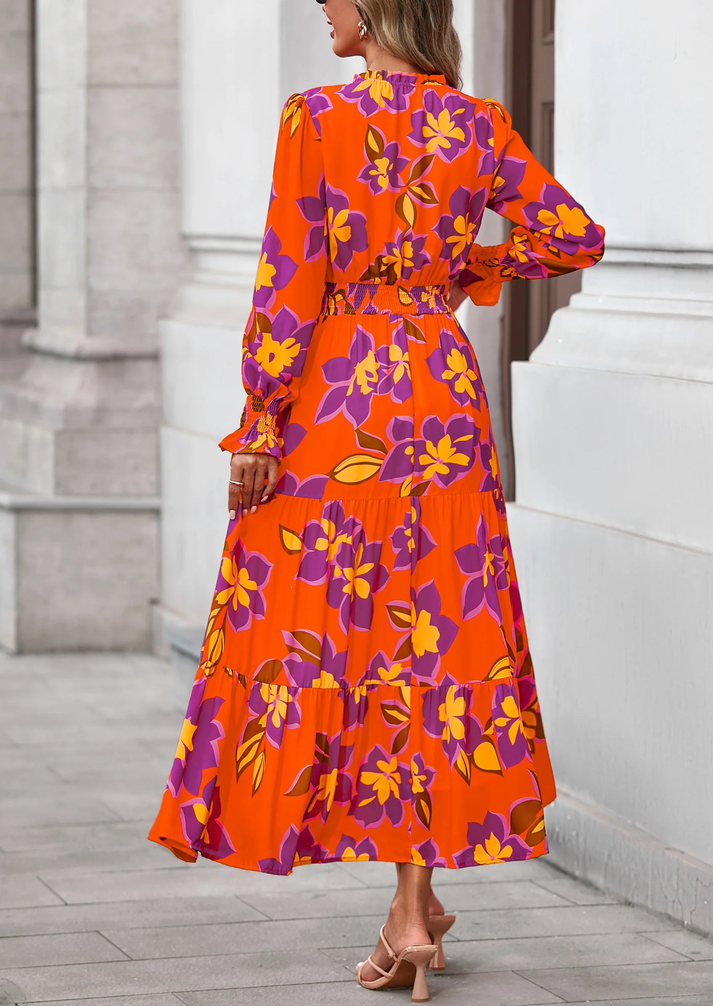 Women's Floral Maxi Dress Spring Long Sleeve V Neck Casual A Line Long Flowy Boho Party Dresses