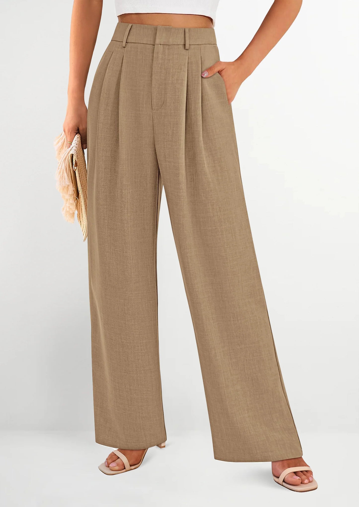 Women's Summer Elastic High Waisted Work Pants Straight Leg Dressy Business Casual Trousers Slacks Pockets